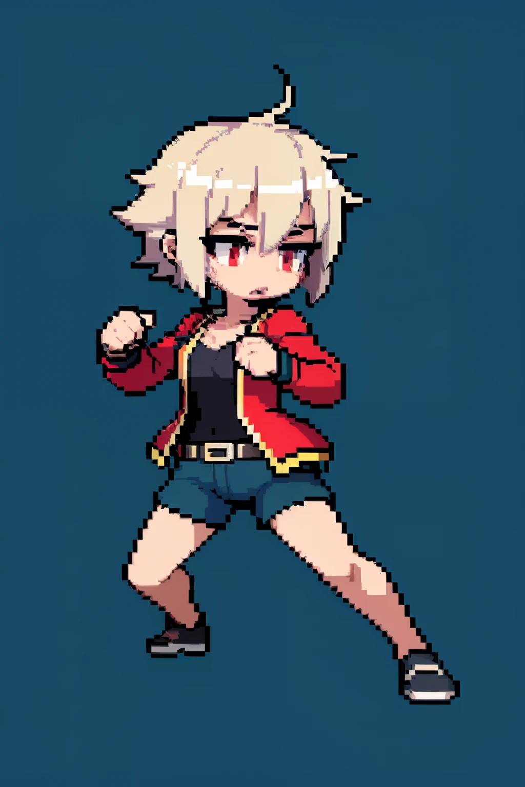 (masterpiece, top quality, best quality, less detail, 8-bit color, soft color), pixel,pixel art,1girl,fullbody,ready to fight,attack pose, smack studio, separate body for edit,easy for editing,#03253a background , short pant, short hair, vampire girl, red eyes, silver hair,simple jacket,