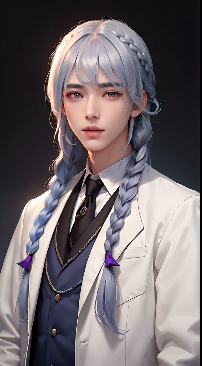 ・High school boys, Super Long Silver Hair, Half-up pan on the left side only, Characteristic braid hanging in front left, Slightly sagging eyes, Hanging eyebrows, Anime style,The hair is a little light blue,tthin eyebrows,M-shaped bangs,Pan Half Up,Braid in the left foreground,Bright smile,Purple eyes,The bangs in the middle are about the head of the nose,Neutral males,Thin eyebrows,Change uniform to long coat style、Please wear a gentlemanly vest or wingtip combination shoes,Pan Half Up