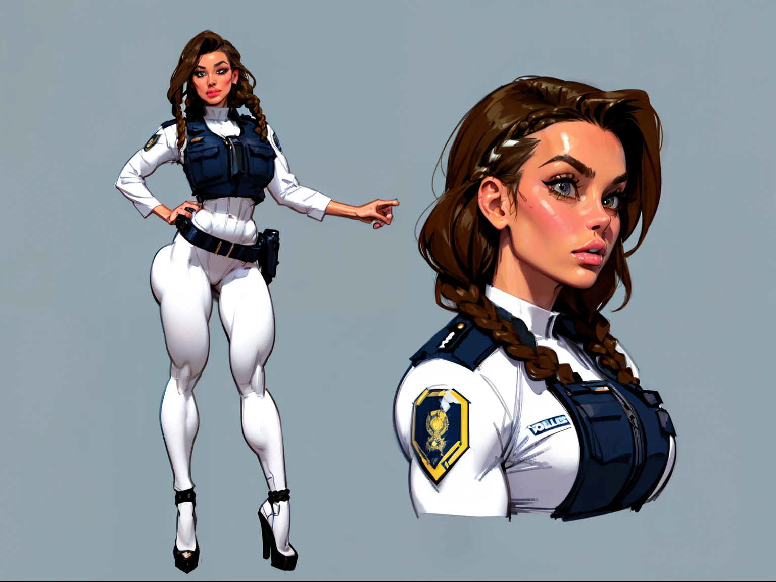 ((masterpiece)),(((best quality))),((character design sheet)), illustration,1woman, environment Scene change, (long braided hair:1.4),((futuristic police officer:1.5)), muscular, black legs, thick legs, (pale skin:1.3)scribbles and marks, light blue shirt, ((detailed face:1.1)), rough sketches, (puffy lips:1.5), pose too, ((brunette hair:1.2)), (police officer outfit:1.3) , 8k,16k, (simple background, light background: 1.3)