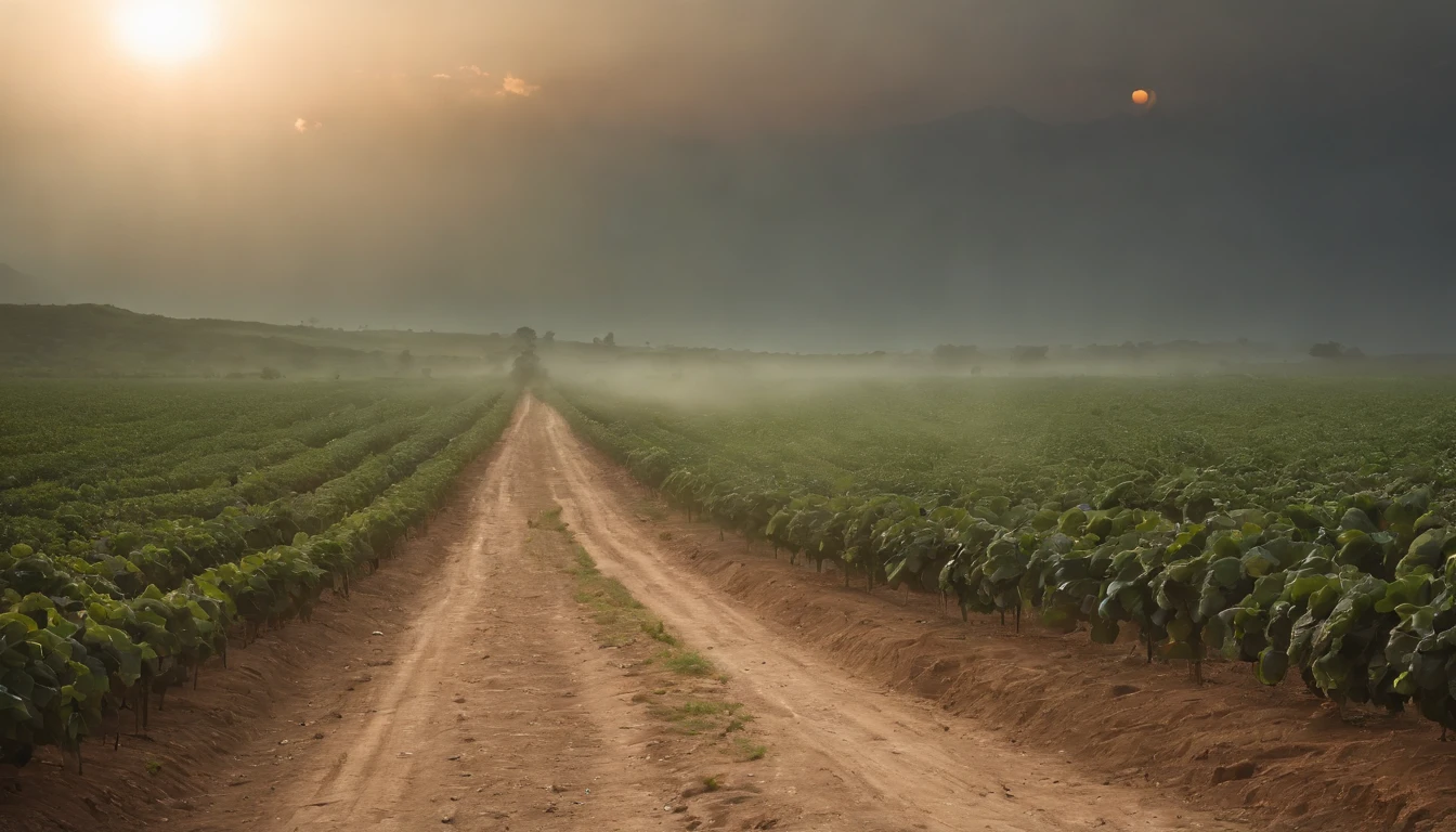 a green path in the middle of a darker field, ((((giant sun)))),an ultrafine detailed painting by Daren Bader, shutterstock contest winner, neo-romanticism, soft mist, made of mist, deviantart,Fujifilm XT3,by Steve McCurry, by Alessio Albi, by Lee Jeffries, by Herb Ritts, by Jeremy Man,long shot,wide view, commercial photography