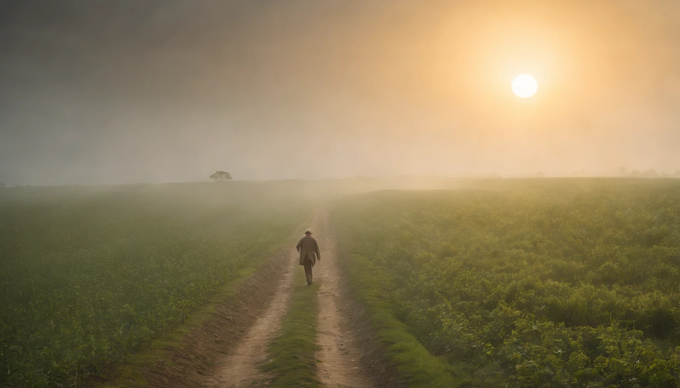 a green path in the middle of a darker field, ((((giant sun)))),an ultrafine detailed painting by Daren Bader, shutterstock contest winner, neo-romanticism, soft mist, made of mist, deviantart,Fujifilm XT3,by Steve McCurry, by Alessio Albi, by Lee Jeffries, by Herb Ritts, by Jeremy Man，long shot,wide view, commercial photography