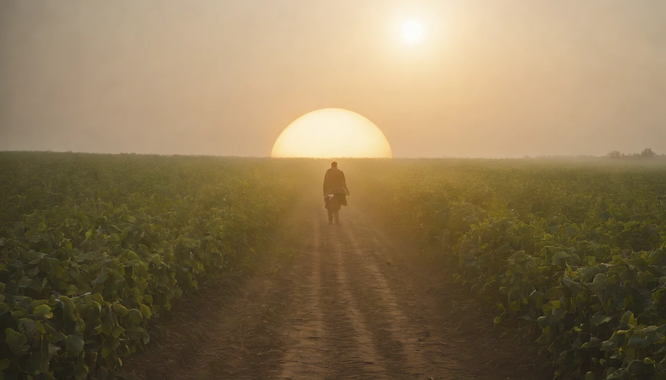 a green path in the middle of a darker field, ((((giant sun)))),an ultrafine detailed painting by Daren Bader, shutterstock contest winner, neo-romanticism, soft mist, made of mist, deviantart,Fujifilm XT3,by Steve McCurry, by Alessio Albi, by Lee Jeffries, by Herb Ritts, by Jeremy Man，long shot,wide view, commercial photography
