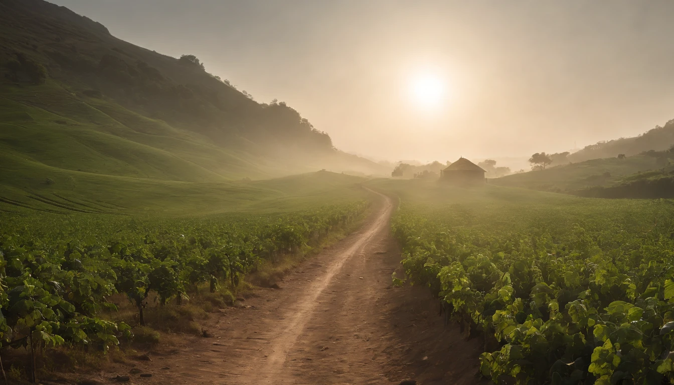 a green path in the middle of a darker field, ((((giant sun)))),an ultrafine detailed painting by Daren Bader, shutterstock contest winner, neo-romanticism, soft mist, made of mist, deviantart,Fujifilm XT3,by Steve McCurry, by Alessio Albi, by Lee Jeffries, by Herb Ritts, by Jeremy Man,long shot,wide view, commercial photography