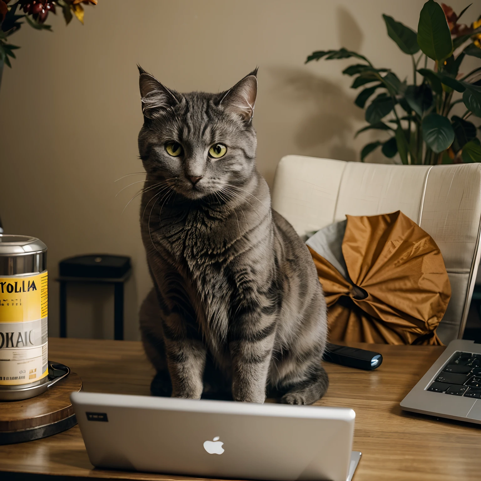 Fluffy gray cat sitting on a table computer laptop, autumn wallpaper, kodak porta, cinematic photo