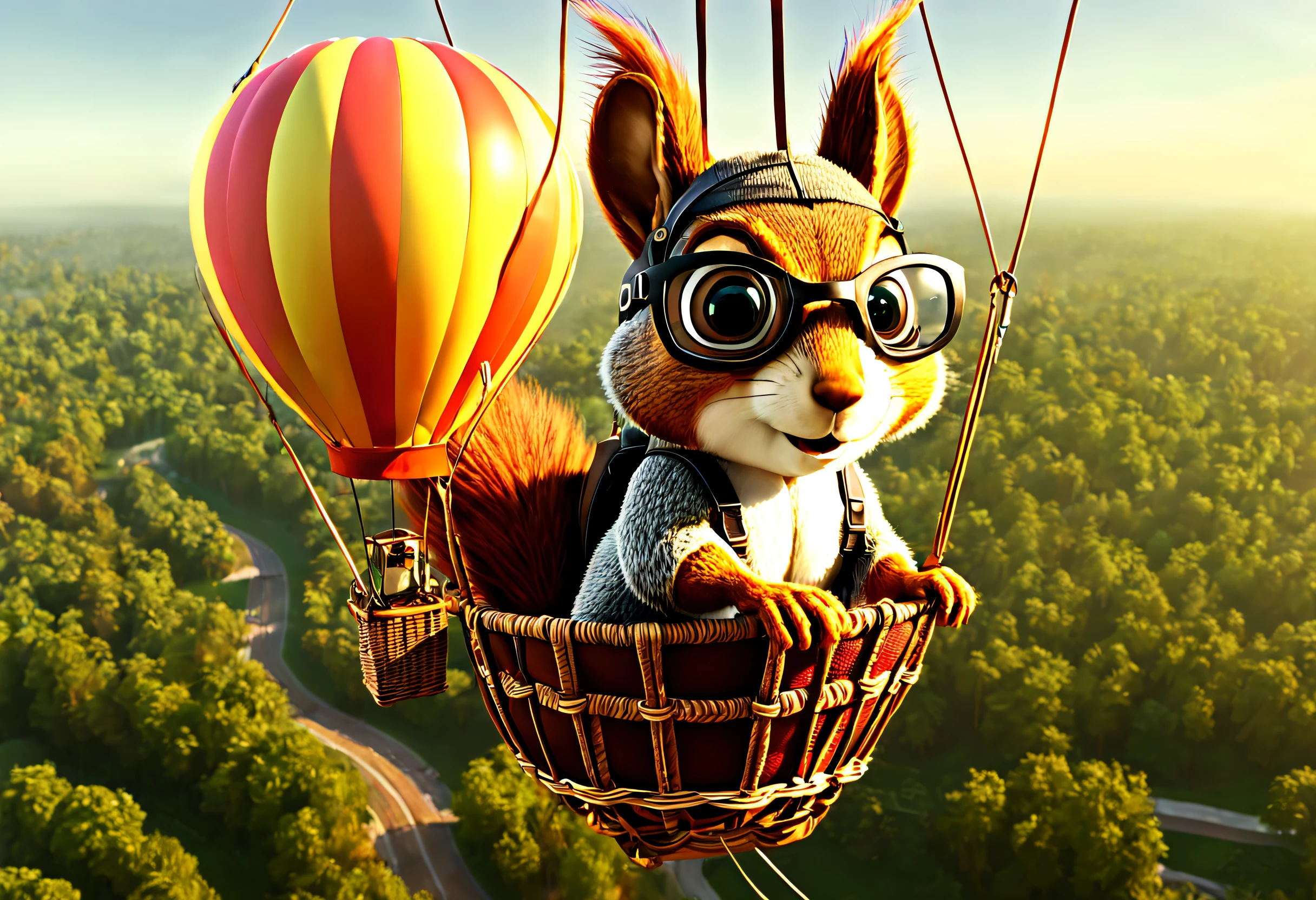 (best quality, 4k, 8k, high resolution, masterpiece: 1.2), ultra detailed, (realistic, photorealistic, photorealistic: 1.37), (An adventurous squirrel inside a hot air balloon: 1.42), dressed in glasses and aviator hat and a parachute. Backlit construction scene. Image taken from an animated movie.