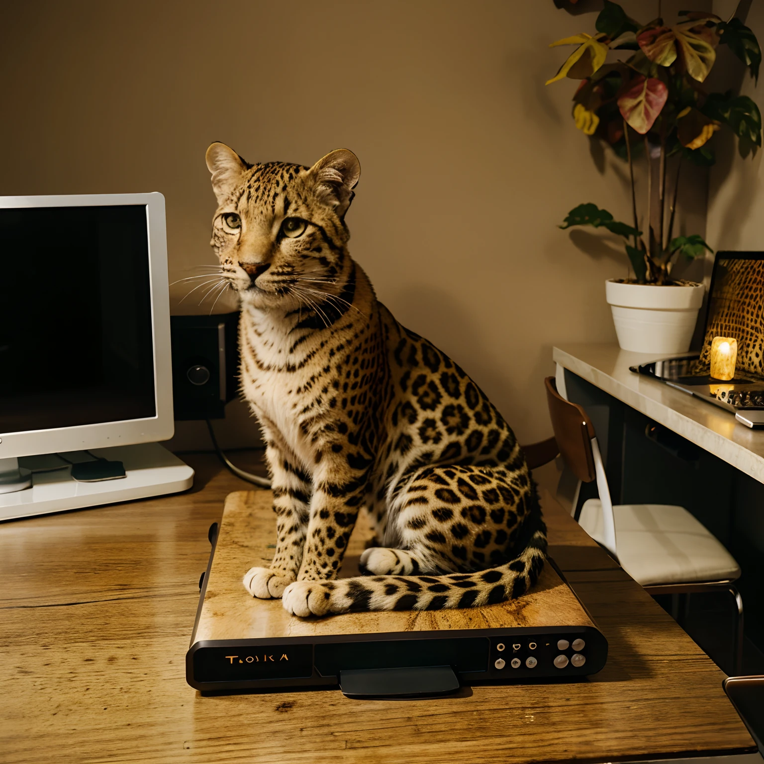 Leopard color cat sitting on a table computer laptop, autumn wallpaper on a monitor, mashroom pizza on a table, kodak porta, cinematic photo