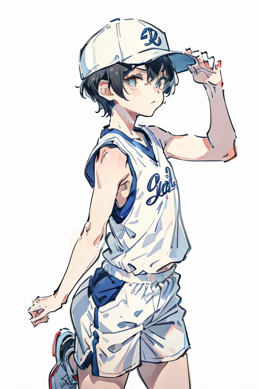 1 boy、Sleeveless、short-haired、Standing、White Baseball Cap、School gym clothes、simple background