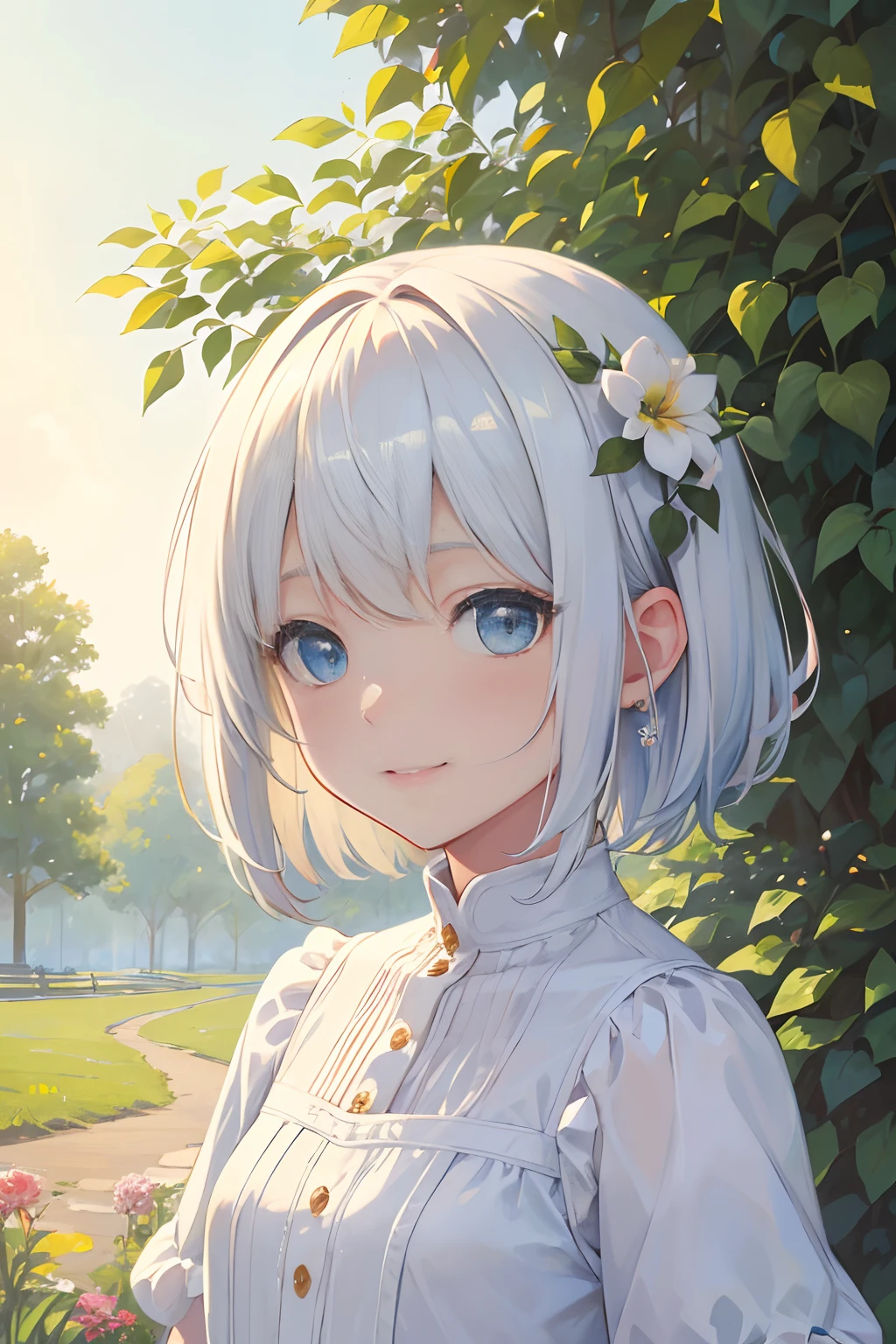 (best quality,highres,masterpiece:1.2),ultra-detailed,realistic,white-haired boy,blue eyes,short haircut below the ears,beautiful detailed eyes,lively expression,playful smile,outdoor scene with colorful flowers,bright sunlight filtering through the trees,golden afternoon light,soft shadows,joyful atmosphere,light-colored summer outfit,grass and nature elements,blissful and carefree mood,lovely and innocent appearance,portraits,impressionist style,subtle pastel colors,warm and gentle tones,soft and dreamy lighting