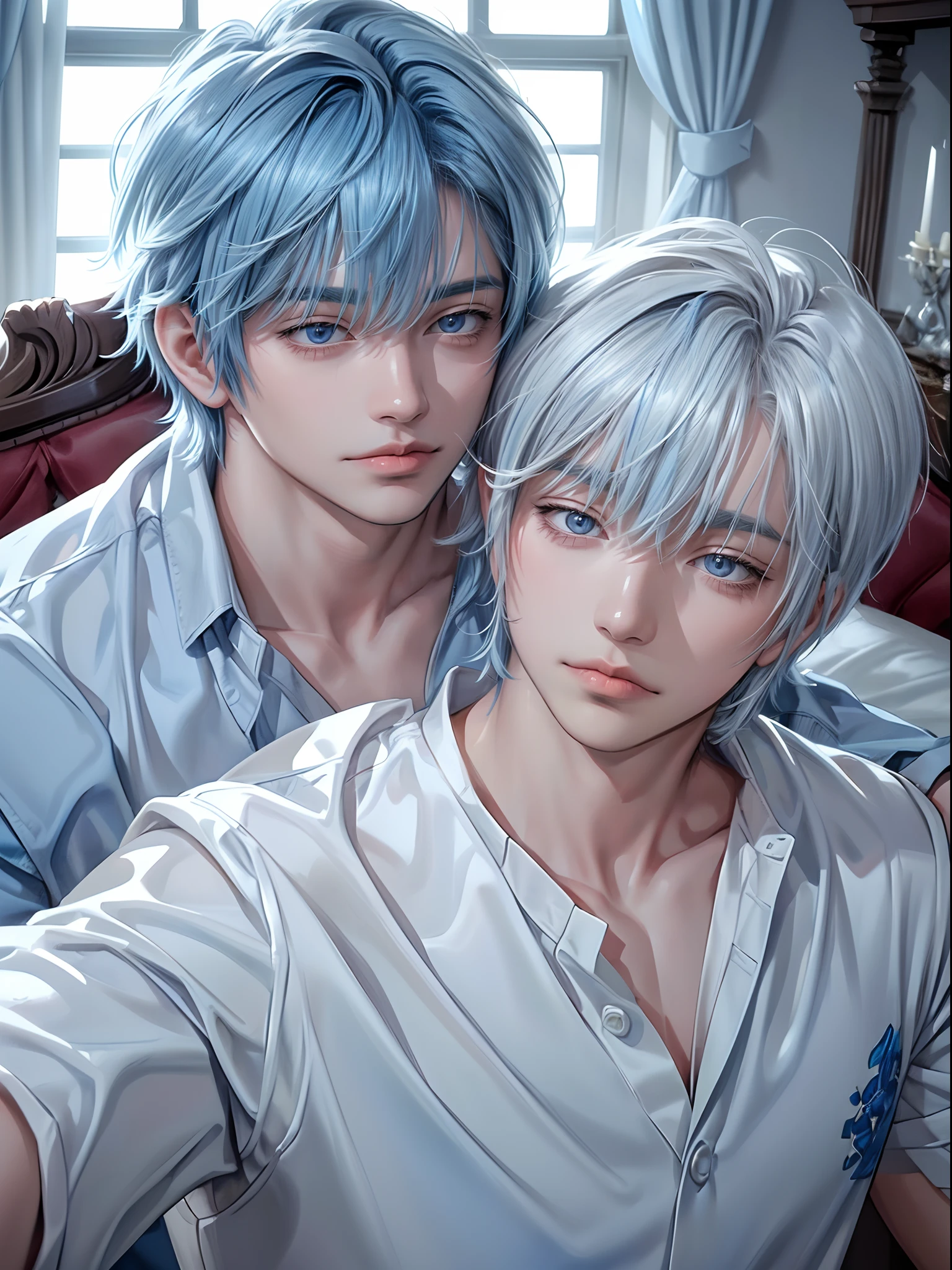 For two、Short-haired man、((Man with white hair and man with blue hair))、((Boys Love))、Man with neutral face with gray hair))、((Man with blue hair with wild face))、Male couple、White Y-shirt、Sexy figure with clothes fluttering、Happiness、youthfulness、lovey-dovey、the kiss、Kissing each other、Kiss while hugging、kiss together、R-18、((Yaoi))、Fantastical、American man、Adult male、Cool Men、((Adult male 26 years old))、Inside the villain's castle、Shot close to the face、((Focus zoom in))、((Shot by two))、Two people making love on the bed、tongue kiss