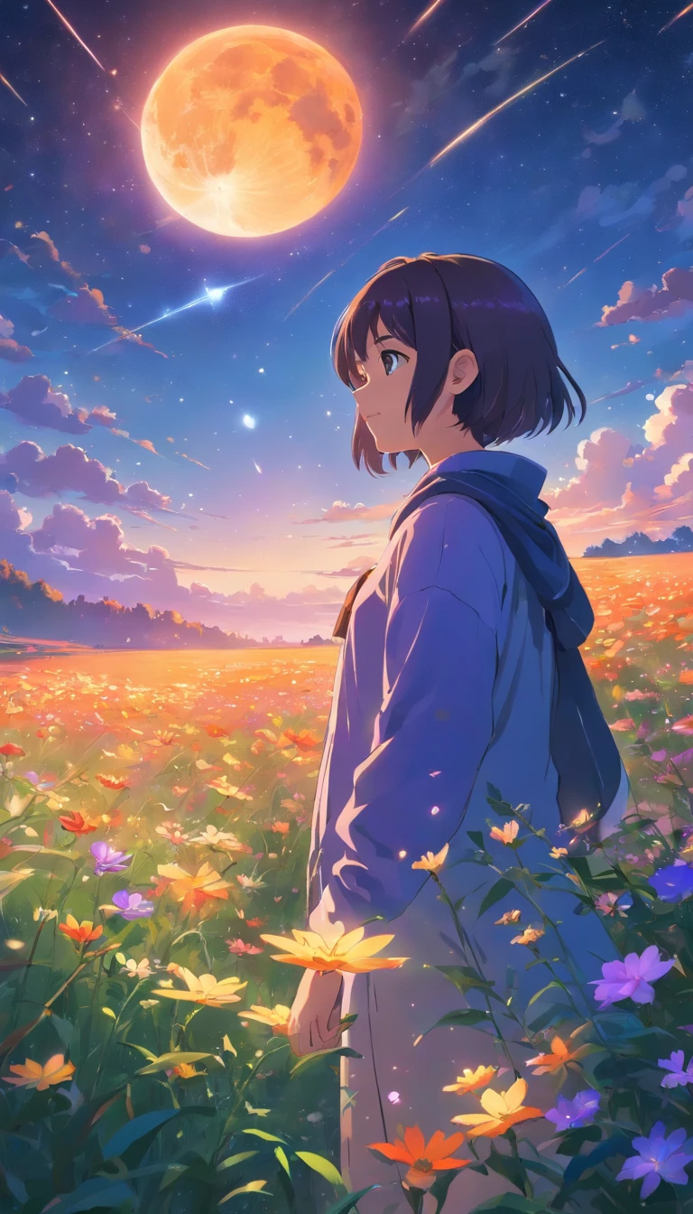 Vast landscape photos,(look from down,Above is the sky,Below are open fields),a girl standing on flower field looking up,(moon full:1.2),(meteors:0.9),(Starcloud:1.3),Far Mountain, Tree BREAK making art,(Warm light source:1.2),(glowworm:1.2),lamp lights,lots of purples and oranges,intricately details,Volumetric lighting BREAK(tmasterpiece:1.2),(best qualtiy),4K,ultra - detailed,(dynamic compositions:1.4),Plenty of detail,plethora of colors,(Irridescent color:1.2),(with light glowing,Atmospheric lighting),dream magical,magical,(独奏:1.2