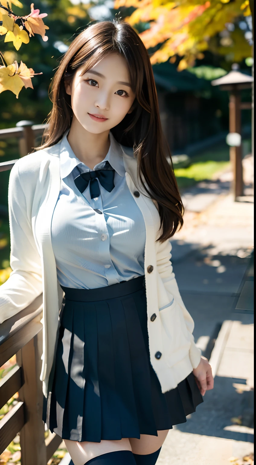 mix4, (16 K, Raw photography, Top image quality, masterpiece: 1.45), (realisitic, Photorealsitic: 1.37), one girls, Random hairstyle、Standing figure,Glossy bean peel、Morning time slot、a very cute,a park,Trees with autumn leaves, profetional lighting, photon maping、physically-based renderingt, Gradient dark brown hair,, a handsome, Well-groomed and beautiful eyes、Large double eyelids、Very shiny、girl with, (((校服、Winter clothes、Uniforms worn by Japan female students、White shirt、White cardigan、Dark blue color、Black mini skirt、high socks、lowfers))), Top Quality Photos, hight resolution, 1080p, (clearface), (Detailed face description), (Detailed hand description), (masterpiece), (Exquisite CG)、extreme light and shadows、dishevled hair、master work、abundant detail、(Fine facial features)、(top quality photo)、(masuter piece)、(A detailed eye)、Looking at the camera、Fine clavicle、((Slender big))、(((Japan schoolgirl in uniform)))、((Ready Idol System))、((a park、Slide、The fountain、seesaw))、(((neat and cute)))、耳Nipple Ring、A big smile、Drawing the whole body from the knees、Do not draw nasolabial folds、(((Cute uniform)))、(Big breasts that hang down big:1.4)、Big buttocks with tension、Two arms and two legs、(((from the front side:0.7)))、bare hand、No mask、Ginkgo in autumn leaves