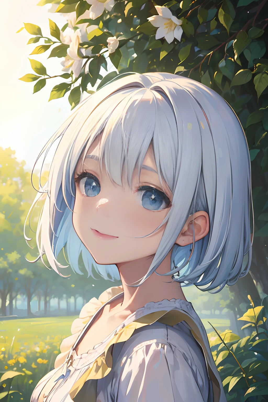 (best quality,highres,masterpiece:1.2),ultra-detailed,realistic,white-haired boy,blue eyes,short haircut below the ears,beautiful detailed eyes,lively expression,playful smile,outdoor scene with colorful flowers,bright sunlight filtering through the trees,golden afternoon light,soft shadows,joyful atmosphere,light-colored summer outfit,grass and nature elements,blissful and carefree mood,lovely and innocent appearance,portraits,impressionist style,subtle pastel colors,warm and gentle tones,soft and dreamy lighting