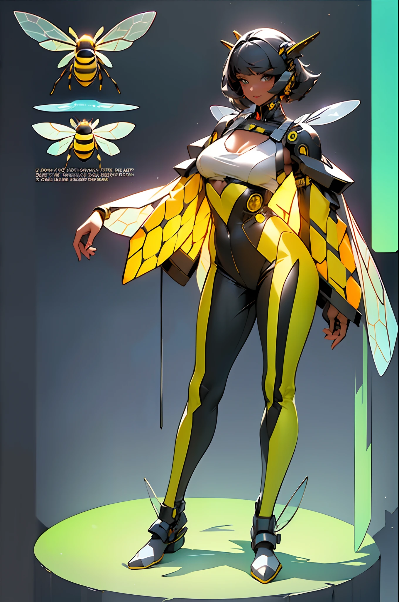 1 Anthropomorphism of bees, Full body standing painting，Solo, (tmasterpiece，top Quority，best qualtiy), ((Anthropomorphism of bees)), 独奏, Holding a black and yellow stick, (The main colors are yellow and black), human structure bee concept art, character design contest winner, cyberpunk bee, Great character design, Cyborg Wasp, Fantasy beekeeper, （（cyber punk style，machine arm，Hologram aura，Surreal Science Fiction Art，Future Science Fiction Aesthetics））, biopunk cyborg wasp, interesting character design, insect trainer girl, no type, cushart kenz, cyberpunk cyborg wasp, full body concept, high quality character design, character design art, ((very simple background))、(Game character design), white backgrounid（（（flatcolors）））