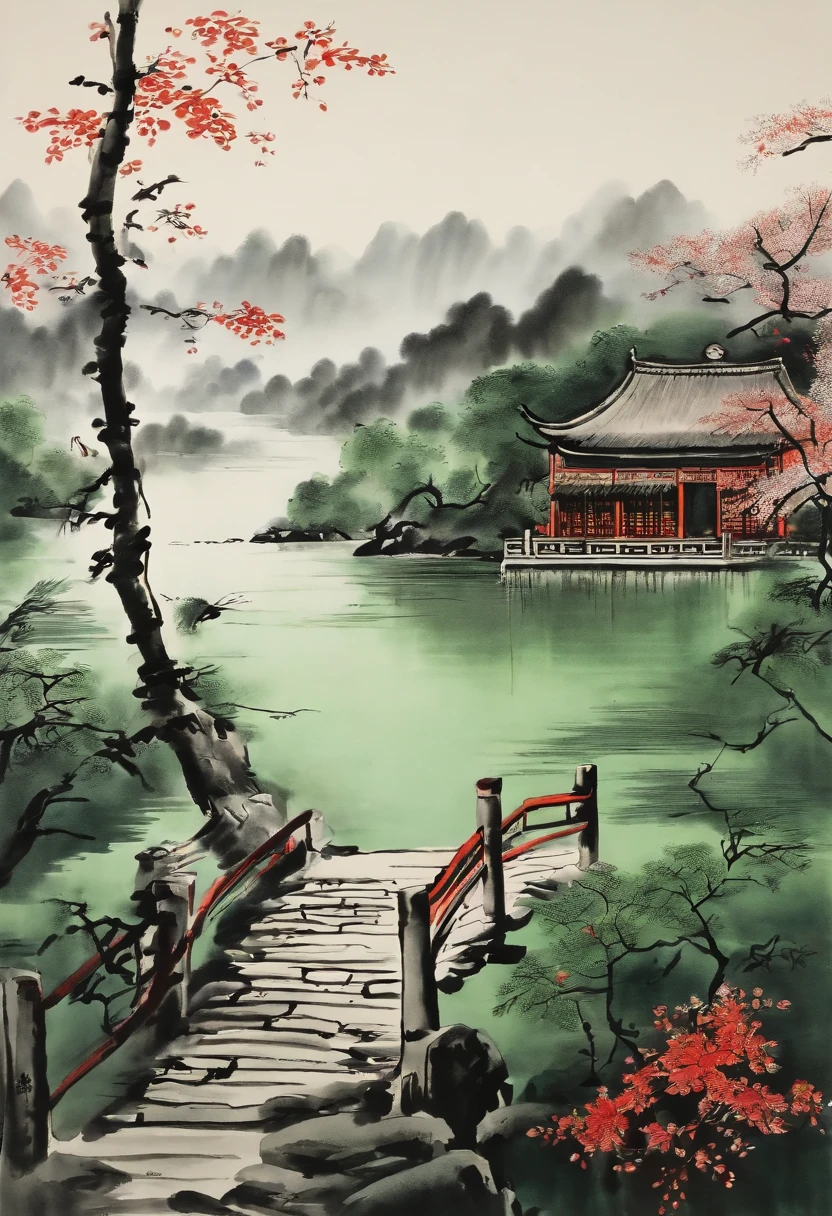 Nearby is the pavilion，lakes，willowy，Water and sky meet in the distance，Tradition Chinese Ink Painting，Qi Baishi，Mainly green