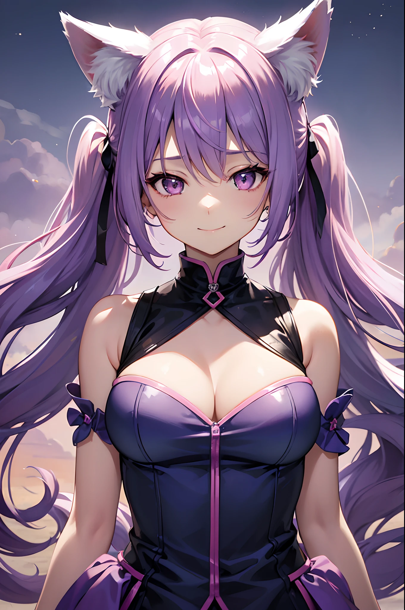 Cover magazine. A fox girl with lavender or light purple hair. There are pink parts in her hair. She's a tsundere. Cool. Wears quite feminine accessories but wears clothes that are easy to move too because this is an action fantasy world. Half body potrait. Hair in pigtails. Fantasy themed. Has a tail and fox ears. Simple background. Upper body. Smile.