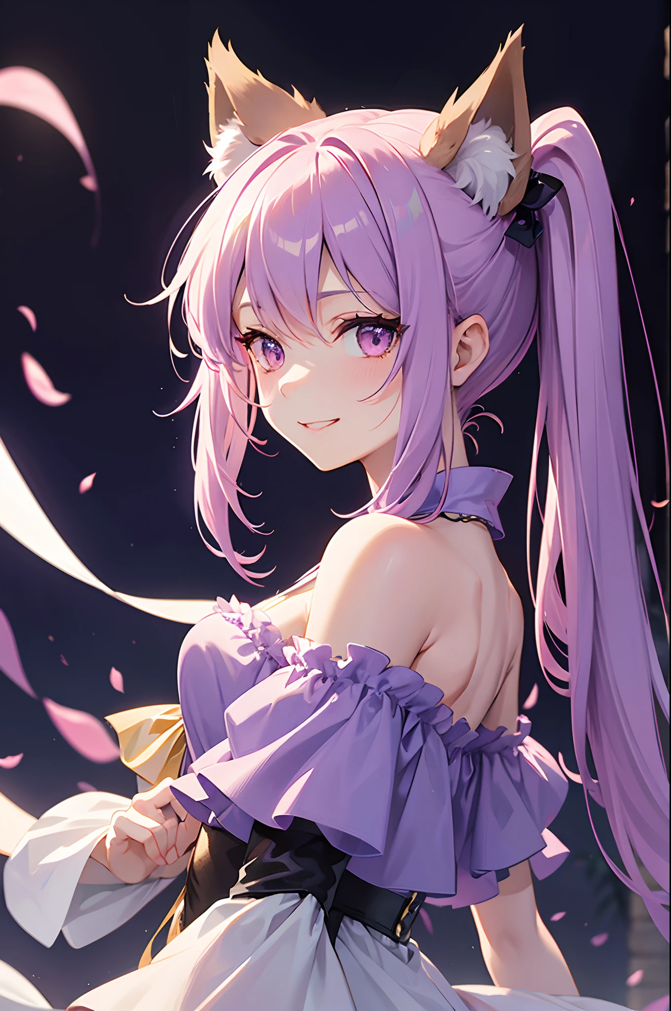 Cover magazine. A fox girl with lavender or light purple hair. There are pink parts in her hair. She's a tsundere. Cool. Wears quite feminine accessories but wears clothes that are easy to move too because this is an action fantasy world. Half body potrait. Hair in pigtails. Fantasy themed. Has a tail and fox ears. Simple background. Upper body. Smile.
