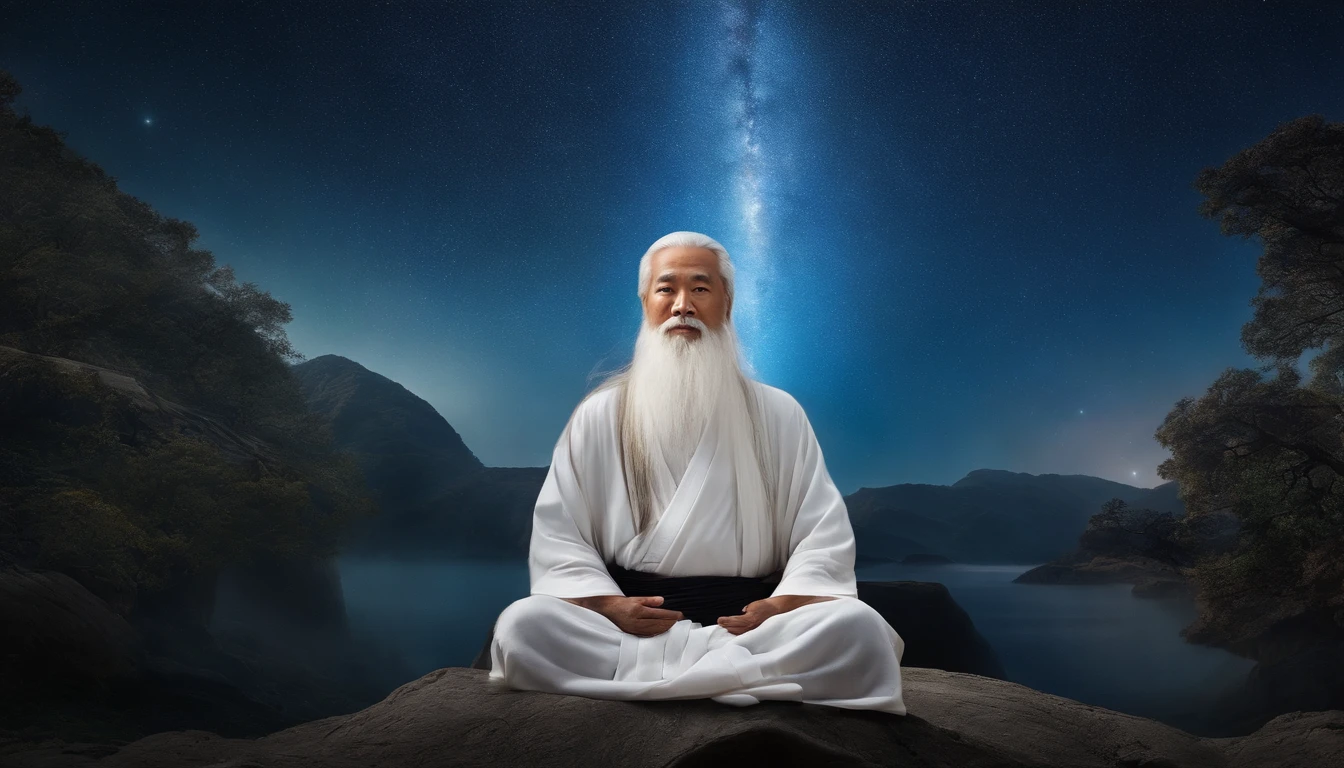 30-year-old Asian middle-aged Taoist elder sitting in Galaxy closeup,long white hair,A meditative,Has a white beard,Meditation cross-legged,Daoism, Wear a white robe and a white belt,at centre,Face the lens,Space starry sky background,milky ways,magic aura,Taoist master,Taoist,universe background,Very bright colors, Light particles, with light glowing, Mshiv, wallpaper art, UHD wallpaper