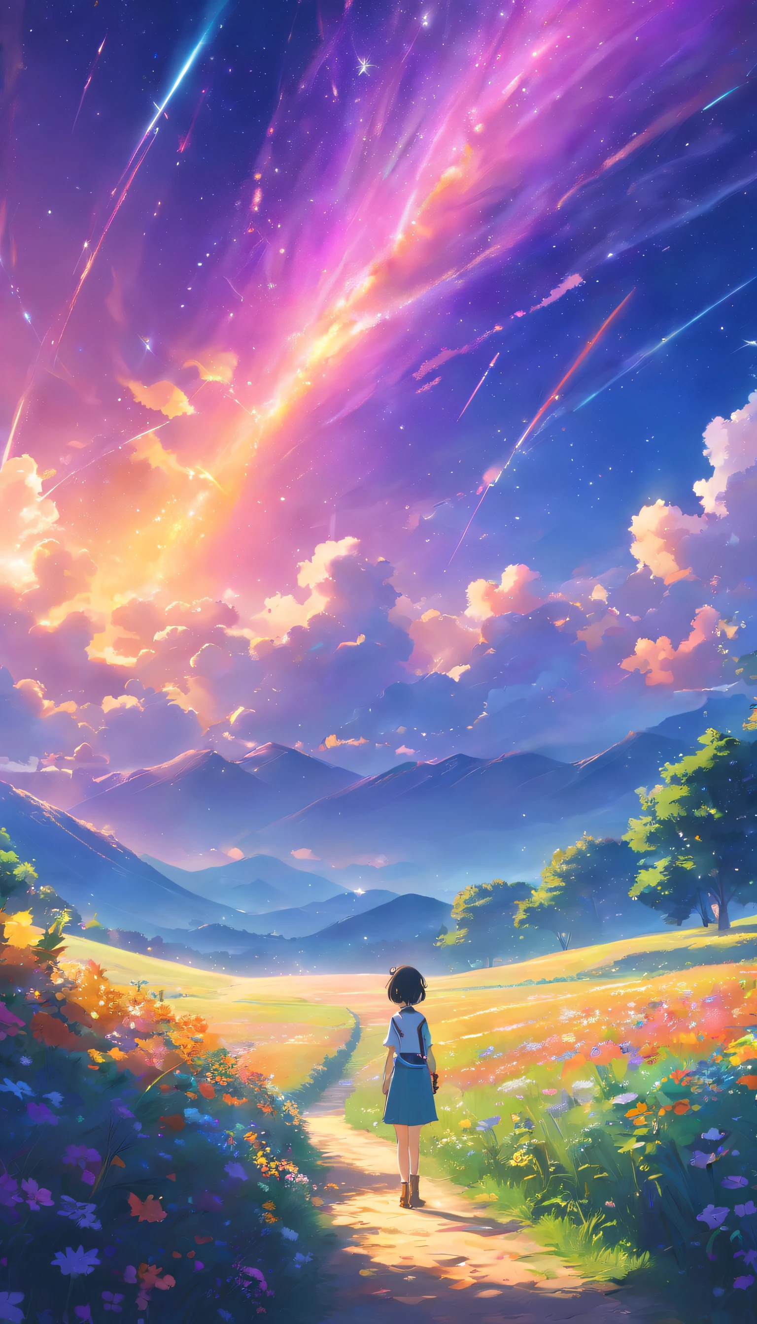 Vast landscape photos，（look from down，Above is the sky，Below are open fields），a girl standing on flower field looking up，（moon full：1.2），（meteors：0.9），（Starcloud：1.3），Far Mountain, Tree BREAK making art，（Warm light source：1.2），（glowworm：1.2），lamp lights，lots of purples and oranges，intricately details，Volumetric lighting BREAK（tmasterpiece：1.2），（best qualtiy），4K，ultra - detailed，（dynamic compositions：1.4），Plenty of detail，plethora of colors，（Irridescent color：1.2），（with light glowing，Atmospheric lighting），dream magical，magical，（独奏：1.2