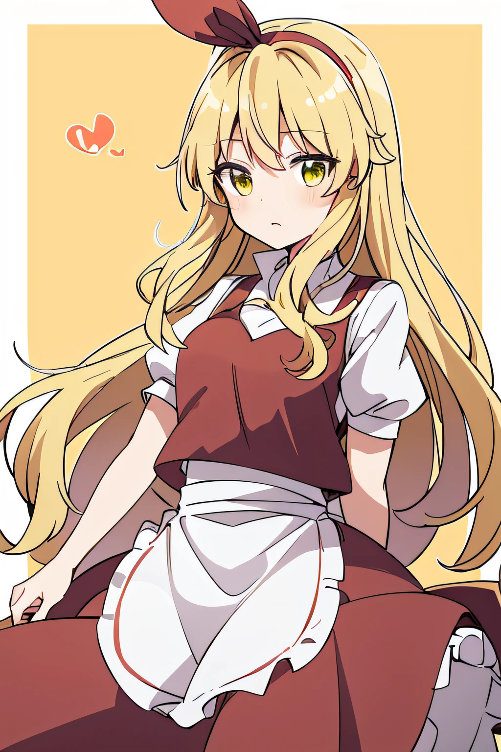 ellen_(touhou), Hairband_ribbon, hair_ribbon, blonde_hair, long_hair, Curly_hair, green_eyes, red_vest, red_skirt, skirt_set, white_shirt, turtleneck, puffy_short_sleeves, short_sleeves, white_apron, waist_apron, white_bow, waist_bow, yellow eyes,