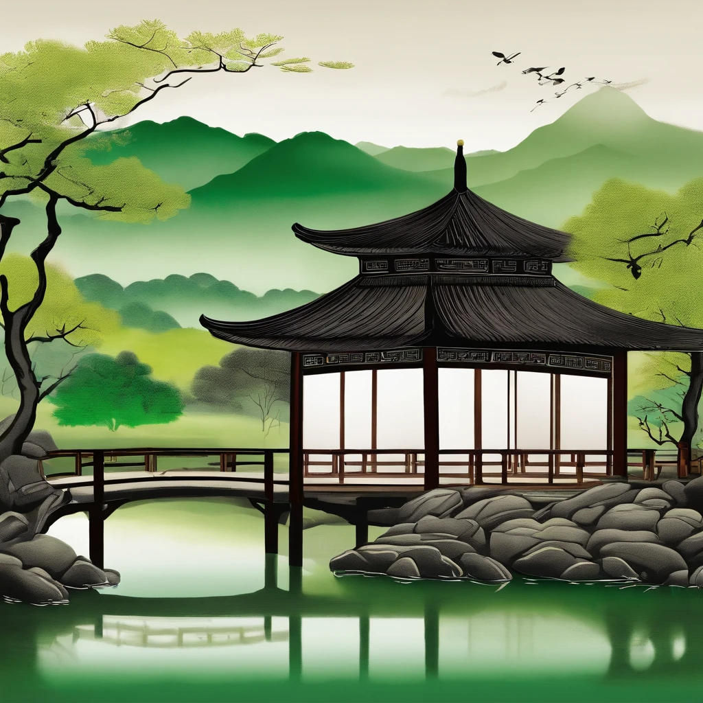 Nearby is the pavilion,lakes,willowy,In the distance, the lake and the sky merge into one,Tradition Chinese Ink Painting,Qi Baishi,Mainly green
