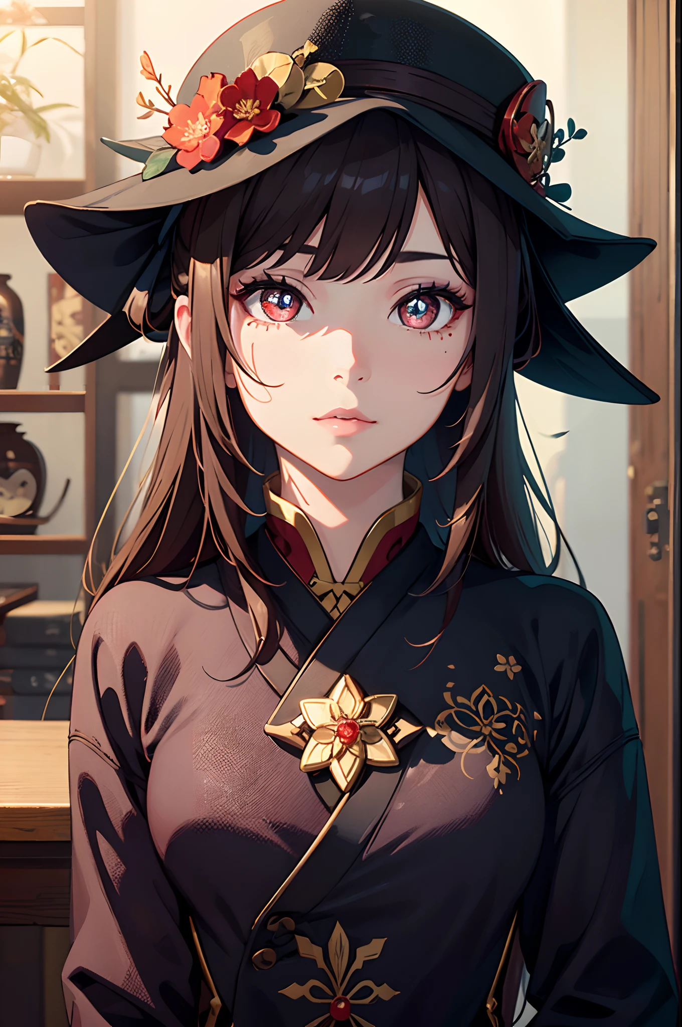 face, closeup, closeup shot, shiny hair, shiny clothes, shiny, extremely detailed eyes, extreme details, realistic, cinematic, detailed, masterpiece, 4k, 8k, , PunkAI,, FantasyAI_Burple,, indoors, hu tao (genshin impact), genshin impact, hat, symbol-shaped pupils, red eyes, brown hair, star-shaped pupils, flower-shaped pupils, bangs, black nails, black headwear
