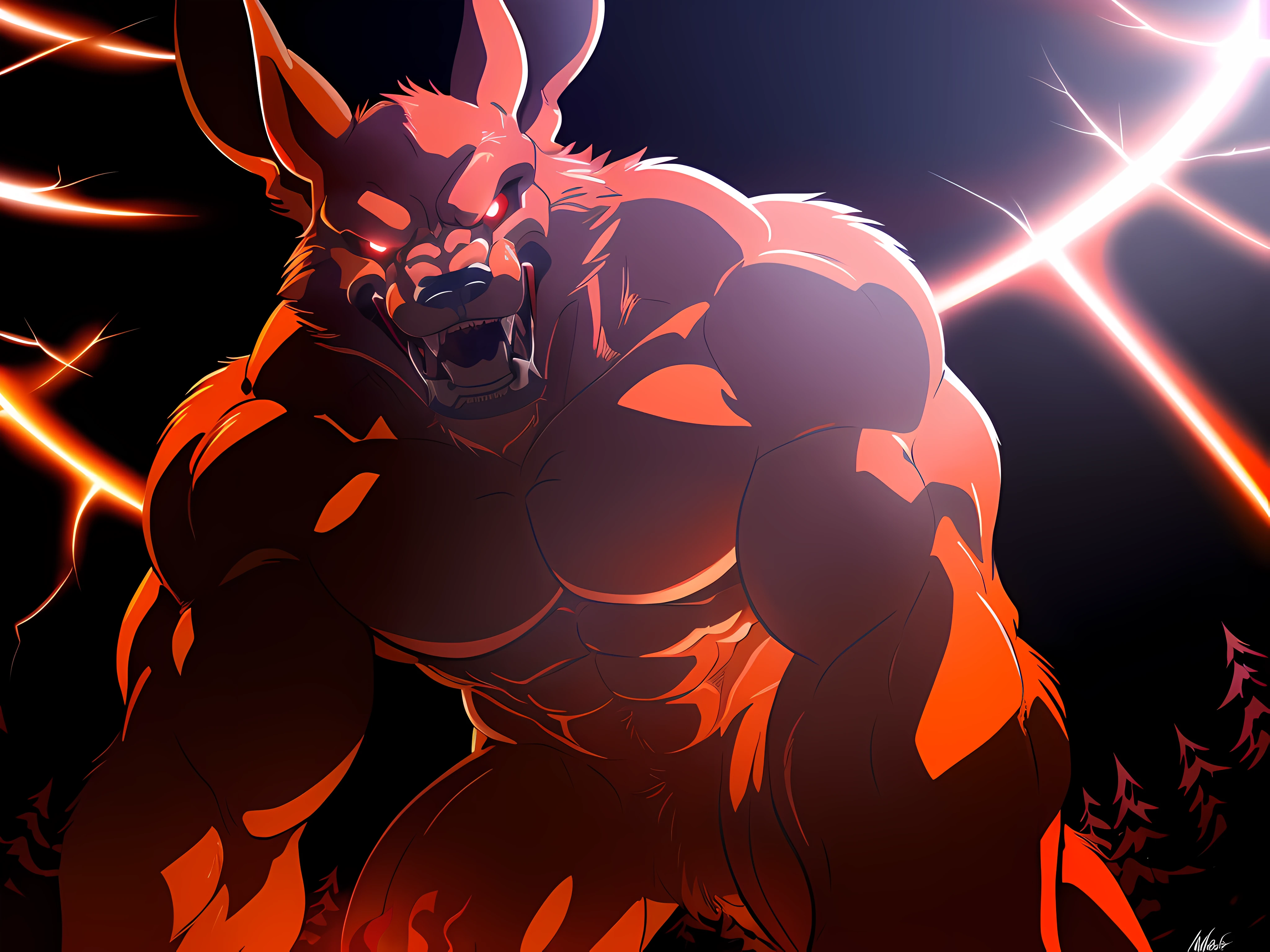 kurama, 4k, high resolution, best quality, posted on e621, solo, anthro body, male, adult, very masculine, (very muscular, heavyweight, defined muscles:1.3), (black background, background red flames, background red fire, forest on fire, stylized background:1.2), (by wfa:1.0), (by negger:1.0), (by echin:0.5), (detailed eyes, red eyes, evil eyes:1.1), (cel shaded:1.2), cartoony shading, serious eyes, open mouth, shouting mouth, smile, (on all fours, low-angle shot:1.1), (dramatic lighting, darkness:1.4), glow, close-up,