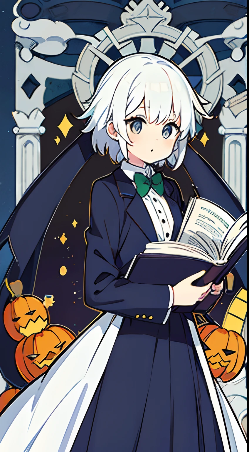 {high quality}, church, Halloween, haunted, funny, {girl with white hair and jade eyes}, {having fine books}, {wearing a navy blue tuxedo}, noble, elegant,