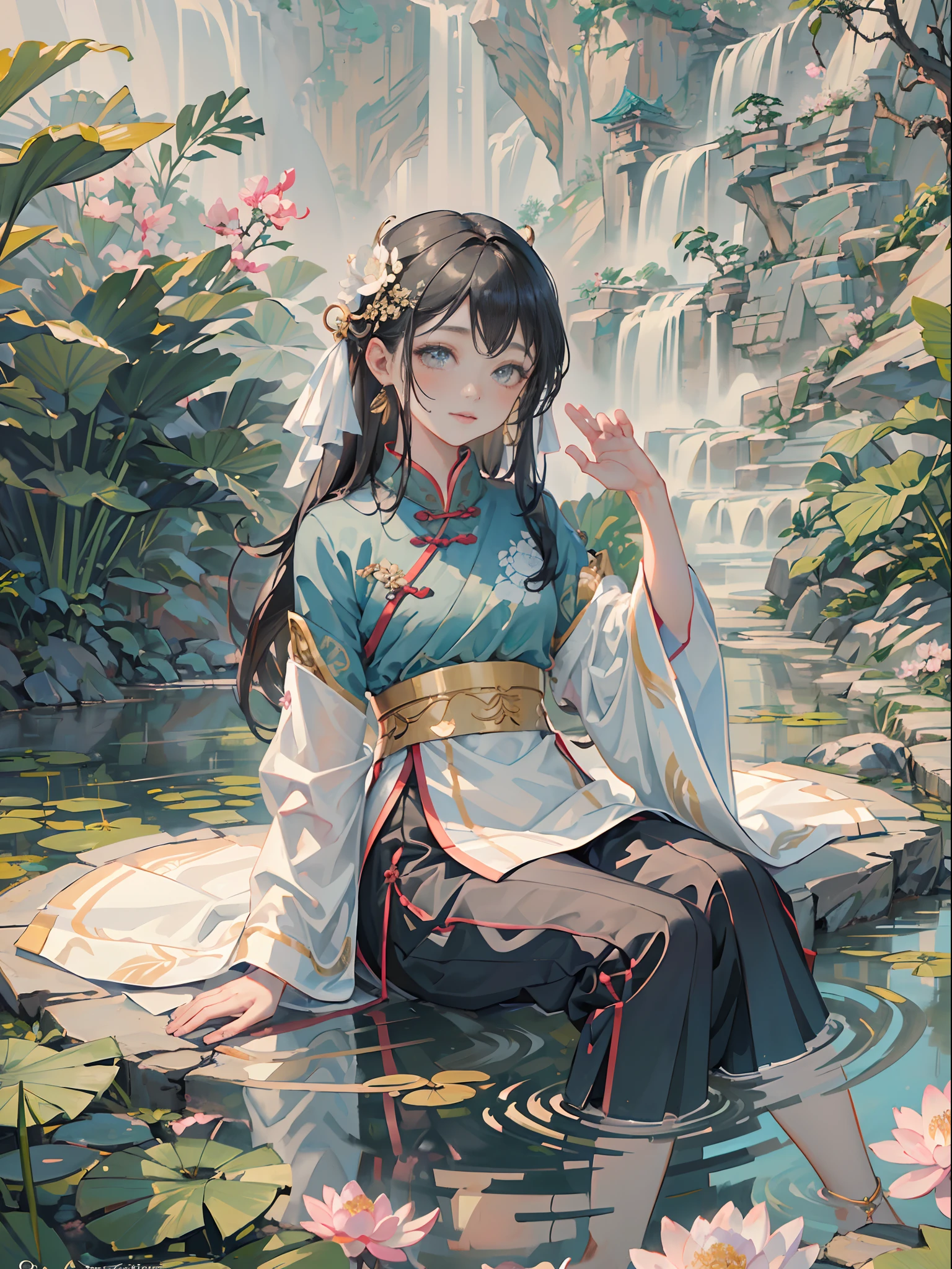 ((Best quality, masterpiece: 1.2)), CG, 8K, intricate details, cinematic perspective, (no one around), (Ancient Chinese garden), pond filled with lotus flowers, rocks, flowers, bamboo forests, waterfalls, wooded areas, small bridges spanning babbling streams, detailed foliage and flowers, (sunlight shining, sparkling waves), peaceful and serene atmosphere, ((soft and elegant colors)), ((exquisitely crafted composition))