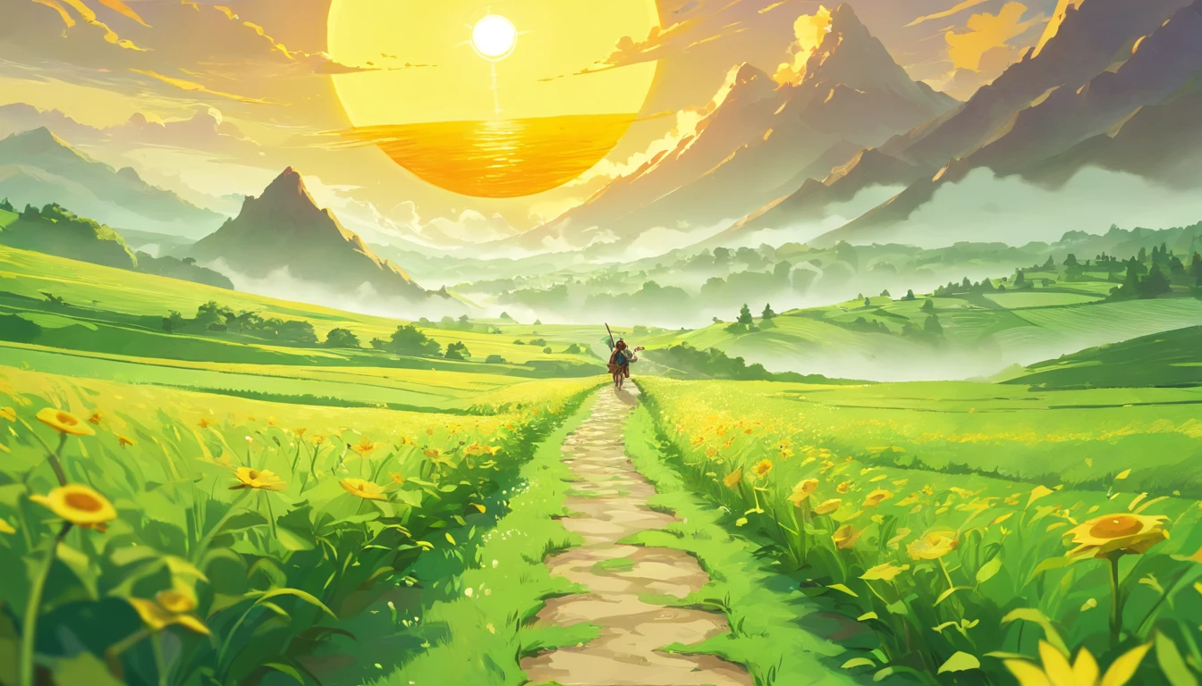 a green path in the middle of a darker field, ((((giant sun)))),an ultrafine detailed painting by Daren Bader, shutterstock contest winner, neo-romanticism, soft mist, made of mist, deviantart,Fujifilm XT3,by Steve McCurry, by Alessio Albi, by Lee Jeffries, by Herb Ritts, by Jeremy Man,long shot,wide view, commercial photography