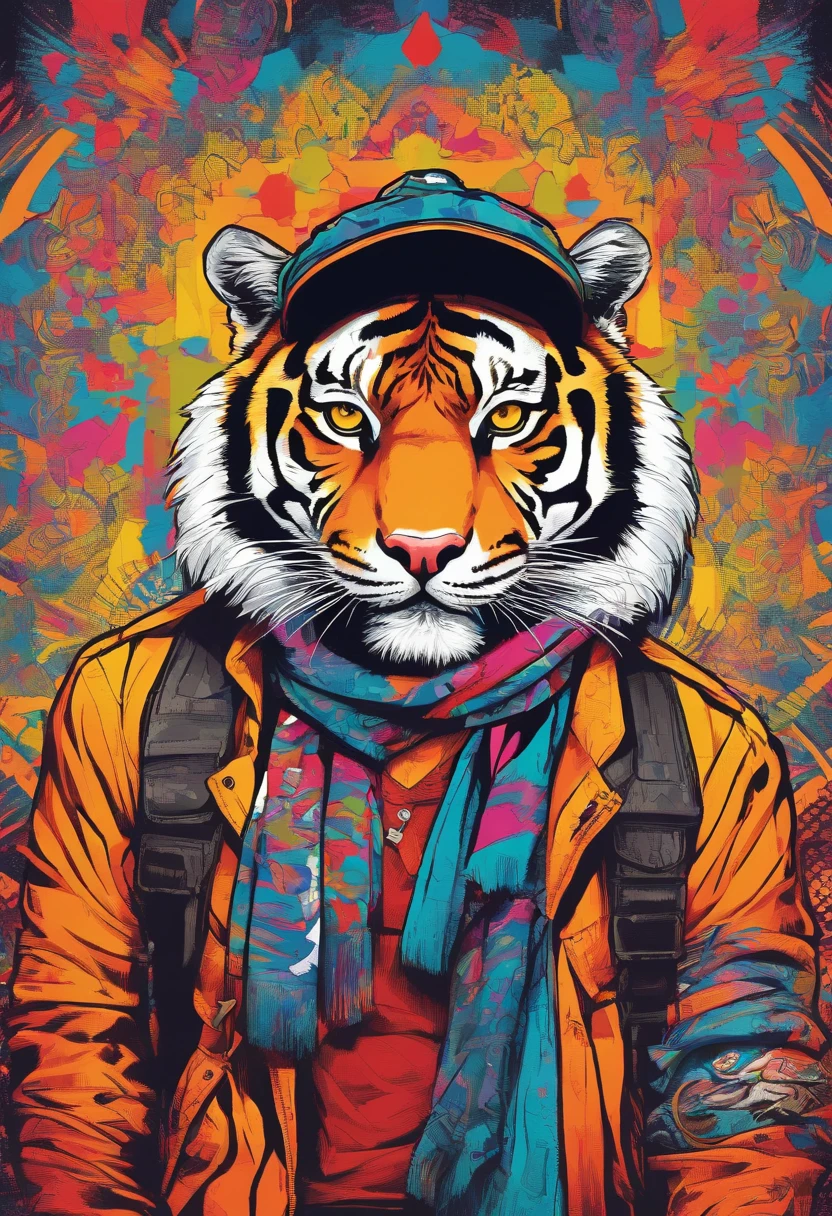 a painting of a Tiger wearing a hat and scarf, trending in the art station, dressed in punk clothes, detailed hyper realistic rendering, british gang member, street style, intimidating pose, planet of the cats, clothes with fashion, urban samurai, meow, west slavic features, 8 1 5, animations
