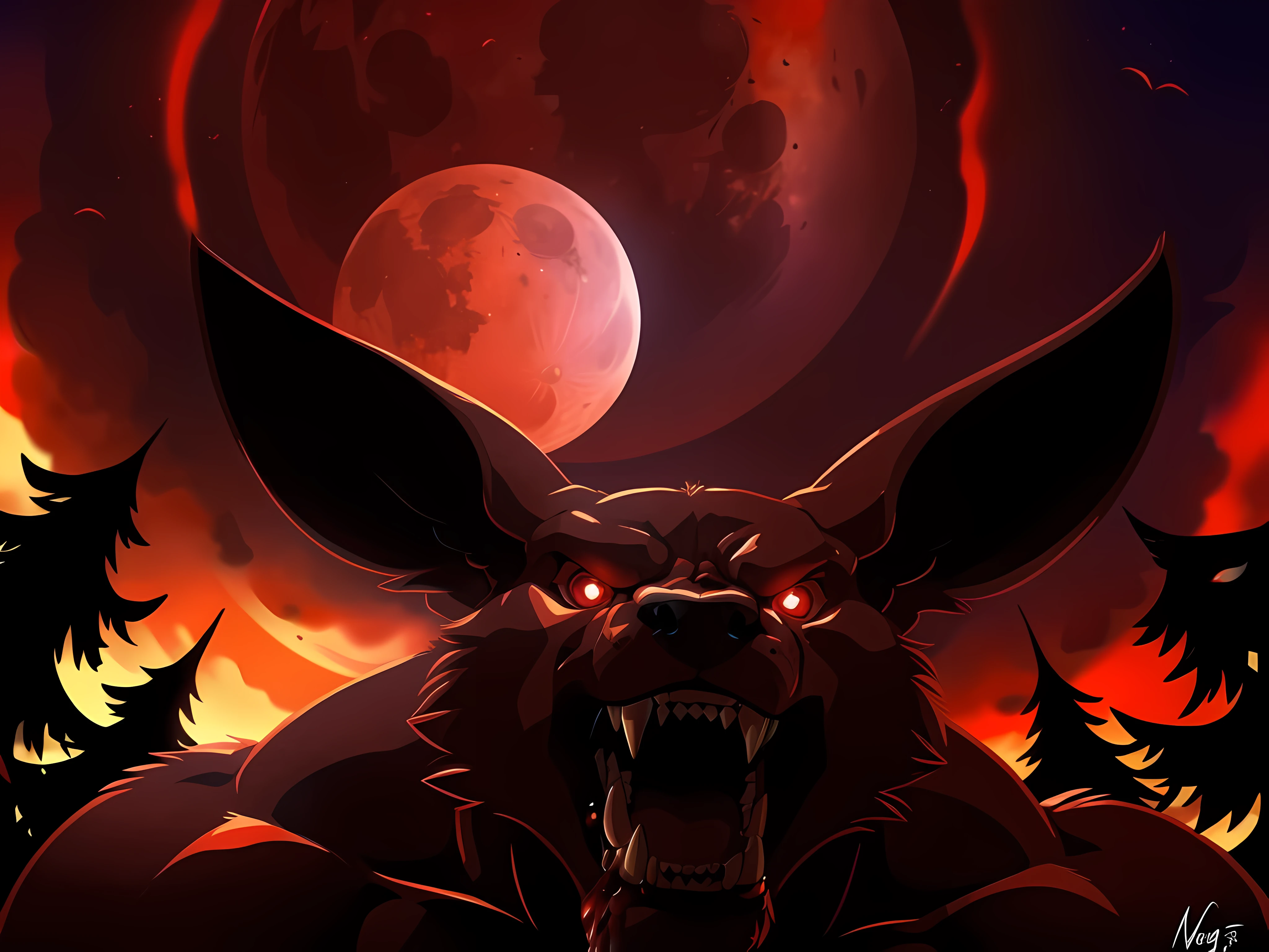 kurama, 4k, high resolution, best quality, posted on e621, solo, anthro body, male, adult, very masculine, (very muscular, heavyweight, defined muscles:1.3), (black background, background red flames, forest on fire, stylized background, blood moon:1.2), (by wfa:1.0), (by negger:1.0), (by echin:0.5), (detailed eyes, red eyes, evil eyes:1.1), (cel shaded:1.2), cartoony shading, serious eyes, open mouth, shouting mouth, (on all fours, feral, low-angle shot:1.2), view from below, (dramatic lighting, darkness:1.4), (glow:1.1), (close-up:1.1),