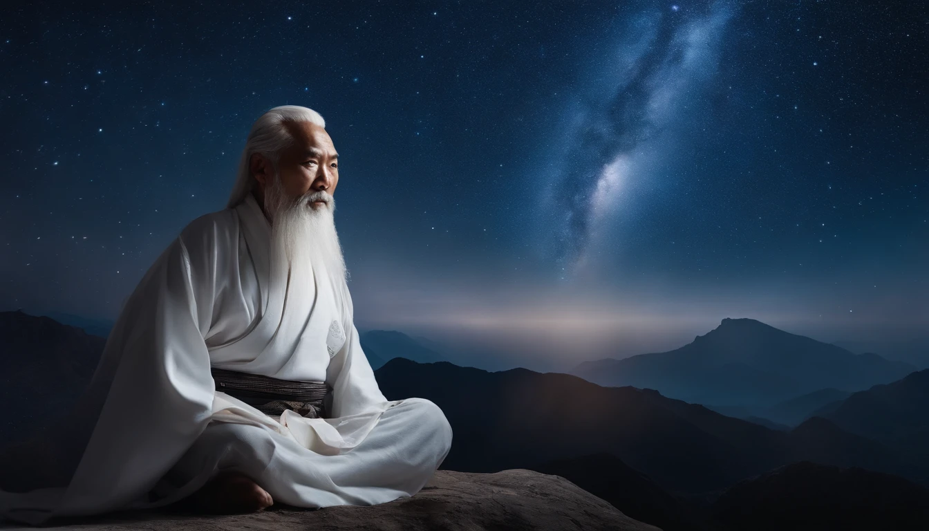 30-year-old Asian middle-aged Taoist elder sitting in blue galaxy close-up,long white hair,A meditative,There is a white beard,Meditation cross-legged,Daoism, Wear a white robe and a white belt,at centre,Face the lens,Space starry sky background,milky ways,Taoist master,Taoist,universe background,Very bright colors, Light particles, with light glowing, Mshiv, wallpaper art, UHD wallpaper