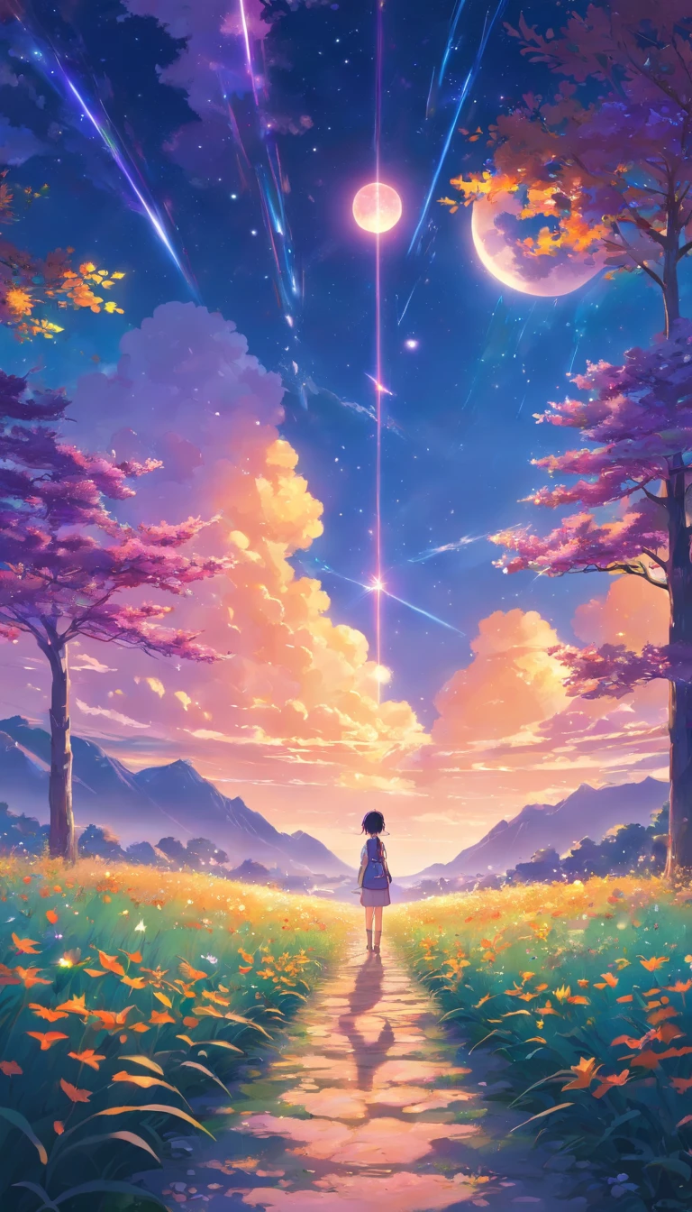 Vast landscape photos,(look from down,Above is the sky,Below are open fields),a girl standing on flower field looking up,(moon full:1.2),(meteors:0.9),(Starcloud:1.3),Far Mountain, Tree BREAK making art,(Warm light source:1.2),(glowworm:1.2),lamp lights,lots of purples and oranges,intricately details,Volumetric lighting BREAK(tmasterpiece:1.2),(best qualtiy),4K,ultra - detailed,(dynamic compositions:1.4),Plenty of detail,plethora of colors,(Irridescent color:1.2),(with light glowing,Atmospheric lighting),dream magical,magical,(独奏:1.2
