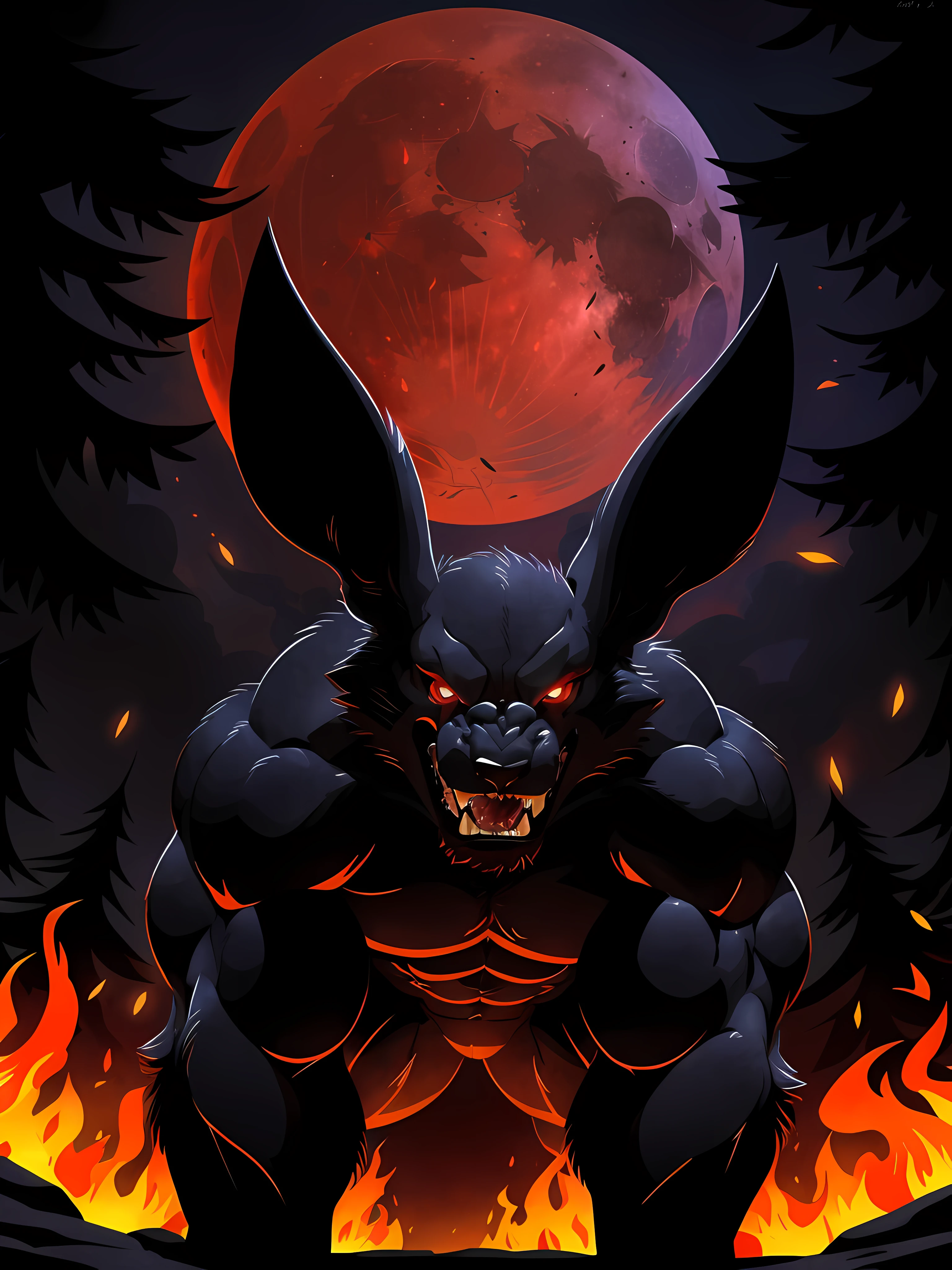 kurama, 4k, high resolution, best quality, posted on e621, solo, anthro body, male, adult, very masculine, (very muscular, heavyweight, defined muscles:1.3), (black background, background red flames, forest on fire, stylized background, blood moon:1.2), (by wfa:1.0), (by negger:1.0), (by echin:0.5), (detailed eyes, red eyes, evil eyes:1.1), (cel shaded:1.2), cartoony shading, serious eyes, open mouth, shouting mouth, (on all fours, feral, low-angle shot:1.2), view from below, (dramatic lighting, darkness:1.4), (glow:1.1), (close-up:1.1),