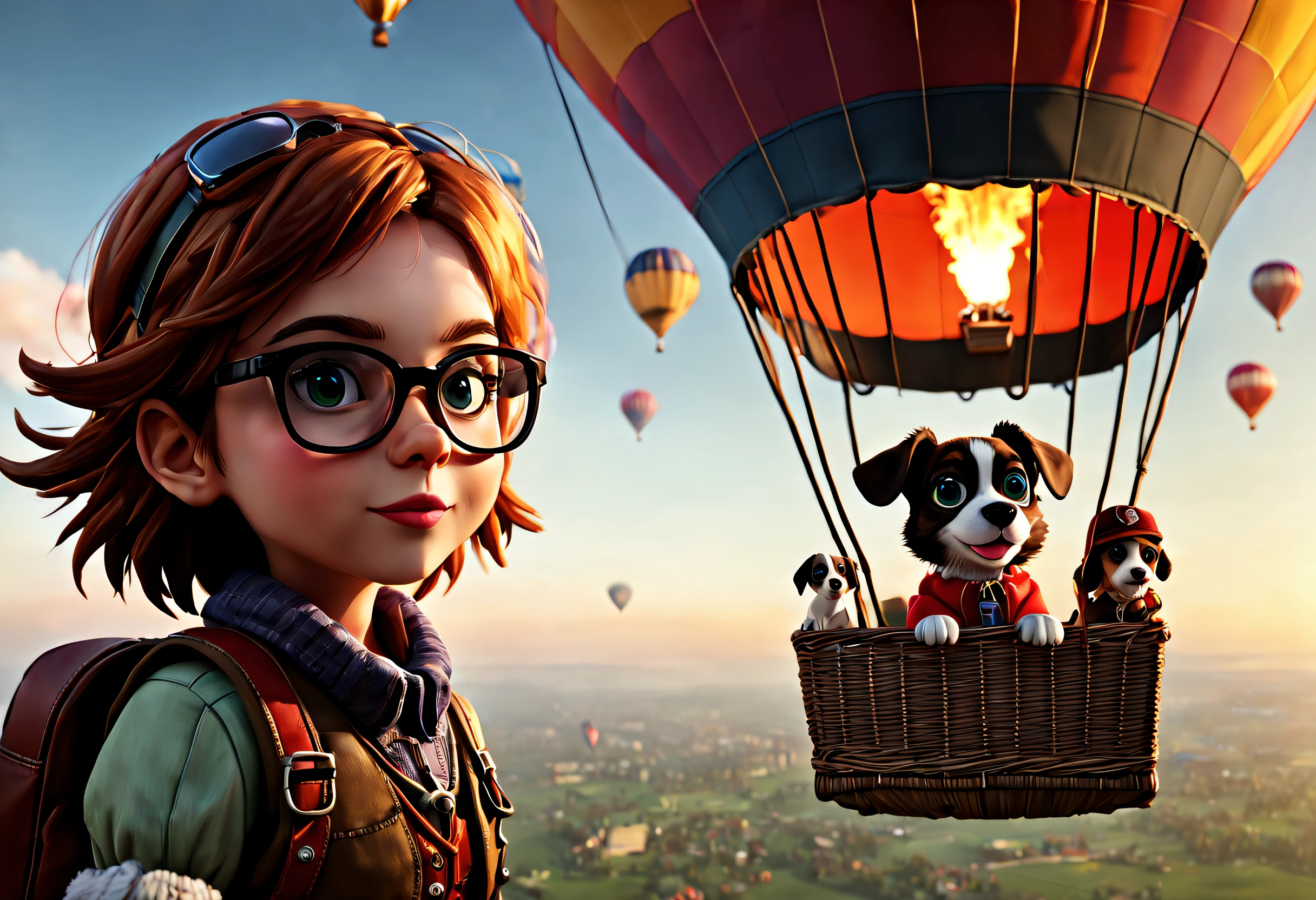 (best quality, 4k, 8k, high resolution, masterpiece: 1.2), ultra detailed, (realistic, photorealistic, photorealistic: 1.37), (An adventurous girl inside a hot air balloon: 1.42), with a spyglass looking at the horizon, dressed in glasses, an aviator hat and a parachute, accompanied by his puppy. Backlit construction scene. Image taken from an animated film.