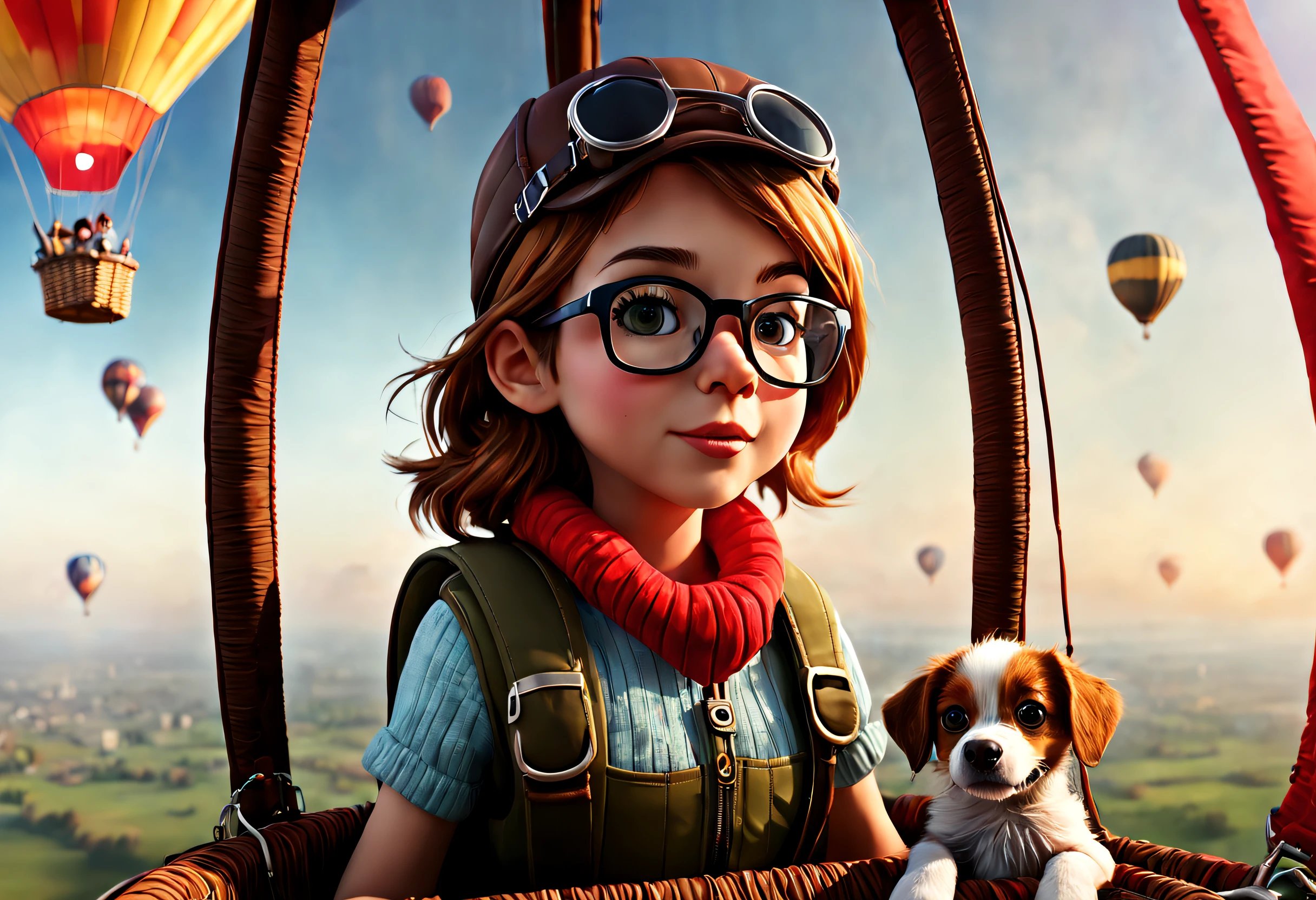 (best quality, 4k, 8k, high resolution, masterpiece: 1.2), ultra detailed, (realistic, photorealistic, photorealistic: 1.37), (An adventurous girl inside a hot air balloon: 1.42), with a spyglass looking at the horizon, dressed in glasses, an aviator hat and a parachute, accompanied by his puppy. Backlit construction scene. Image taken from an animated film.