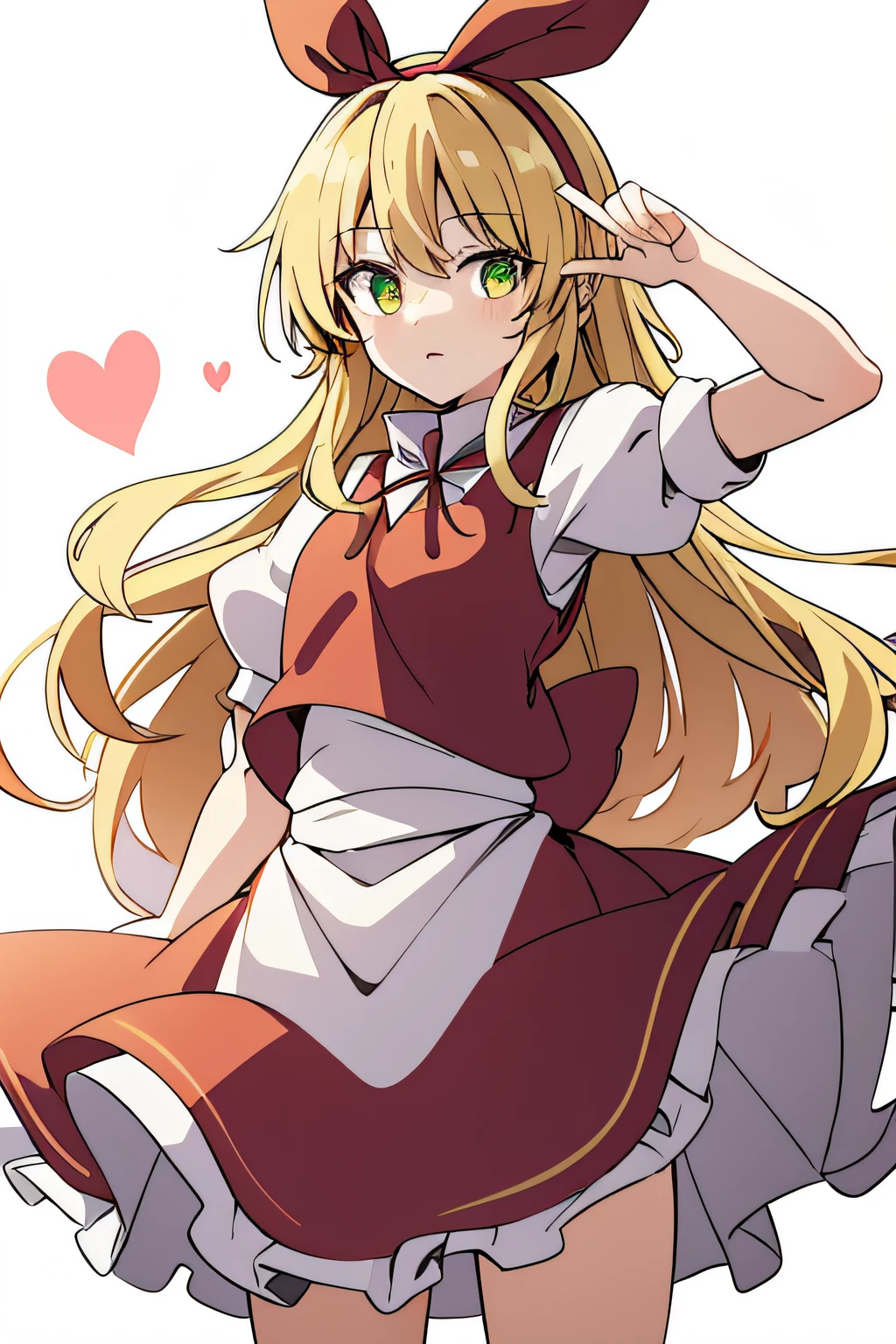 ellen_(touhou), Hairband_ribbon, hair_ribbon, blonde_hair, long_hair, Curly_hair, green_eyes, red_vest, red_skirt, skirt_set, white_shirt, turtleneck, puffy_short_sleeves, short_sleeves, white_apron, waist_apron, white_bow, waist_bow, yellow eyes,