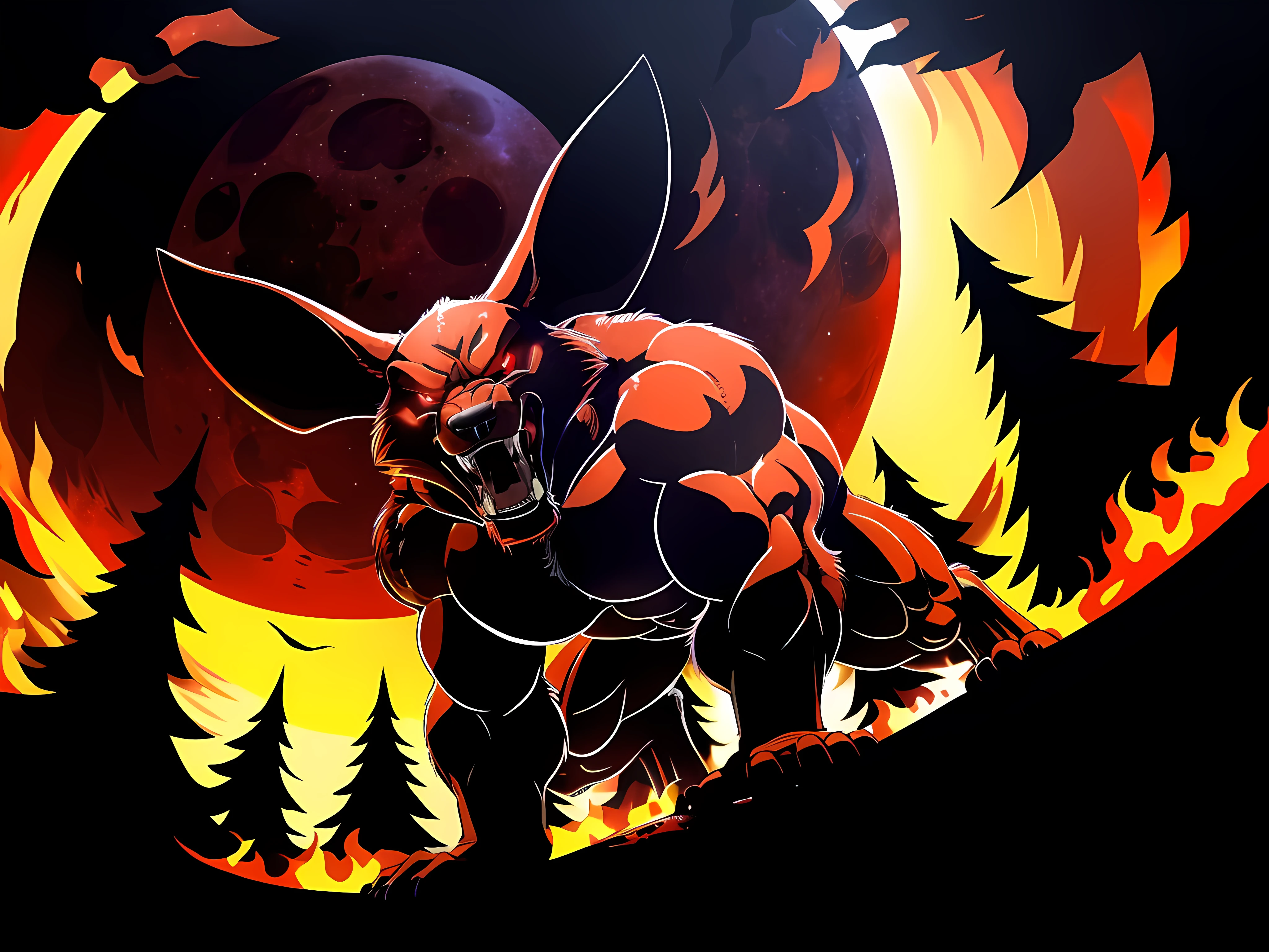 kurama, 4k, high resolution, best quality, posted on e621, solo, anthro body, male, adult, very masculine, (very muscular, heavyweight, defined muscles:1.3), (black background, background red flames, forest on fire, stylized background, blood moon:1.2), (by wfa:1.0), (by negger:1.0), (by echin:0.5), (detailed eyes, red eyes, evil eyes:1.1), (cel shaded:1.2), cartoony shading, serious eyes, open mouth, shouting mouth, (on all fours, feral, low-angle shot:1.2), view from below, (dramatic lighting, darkness:1.4), (glow:1.1),