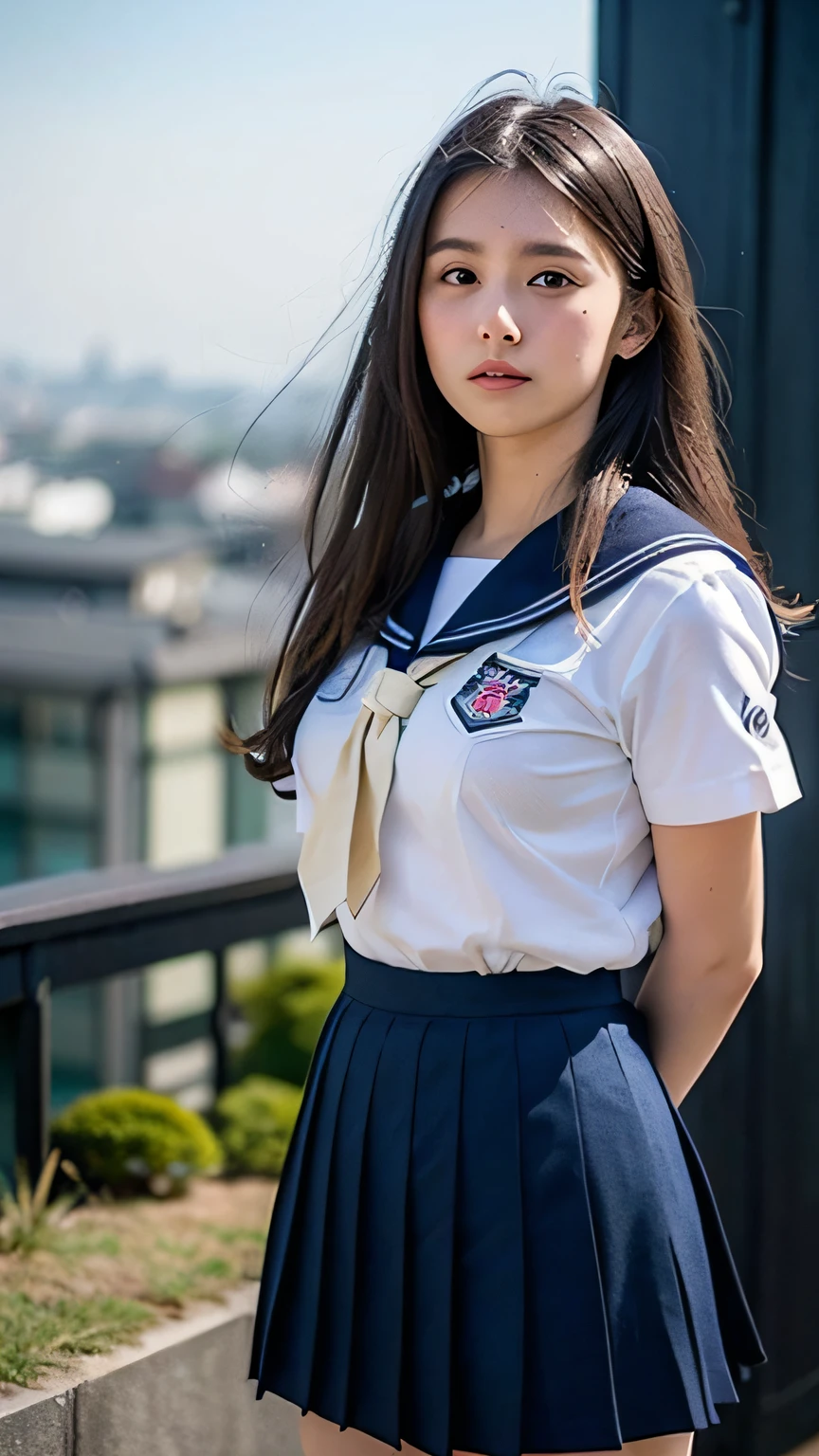 neat college girl, (school uniform, sailor uniform, ribbon tied at chest, summer uniform, upper body white, skirt is navy blue), outside the athletic field, (slim), photorealistic, detail, skin texture, ultra detail, delicate and sexy collarbone, smile, super detailed face, detailed lips, detailed eyes, double eyelids, small breasts, small breasts, small, flat breasts, breast emphasis