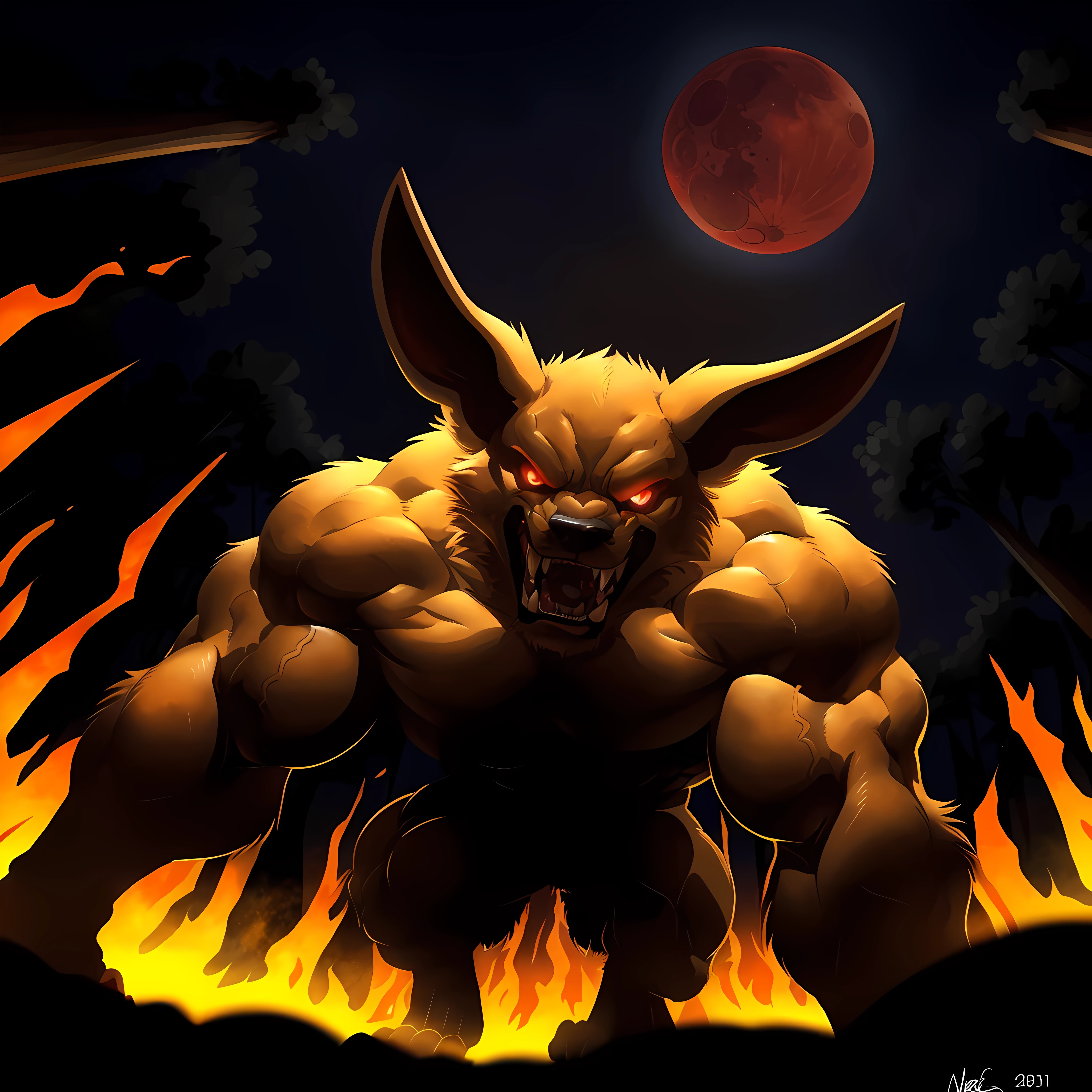 kurama, 4k, high resolution, best quality, posted on e621, solo, anthro body, male, adult, very masculine, (very muscular, heavyweight, defined muscles:1.3), (black background, background red flames, forest on fire, stylized background, blood moon:1.2), (by wfa:1.0), (by negger:1.0), (by echin:0.5), (detailed eyes, red eyes, evil eyes:1.1), (cel shaded:1.2), cartoony shading, serious eyes, open mouth, shouting mouth, (crawling, feral, low-angle shot:1.2), view from below, (dramatic lighting, darkness:1.4), (glow:1.1), close-up