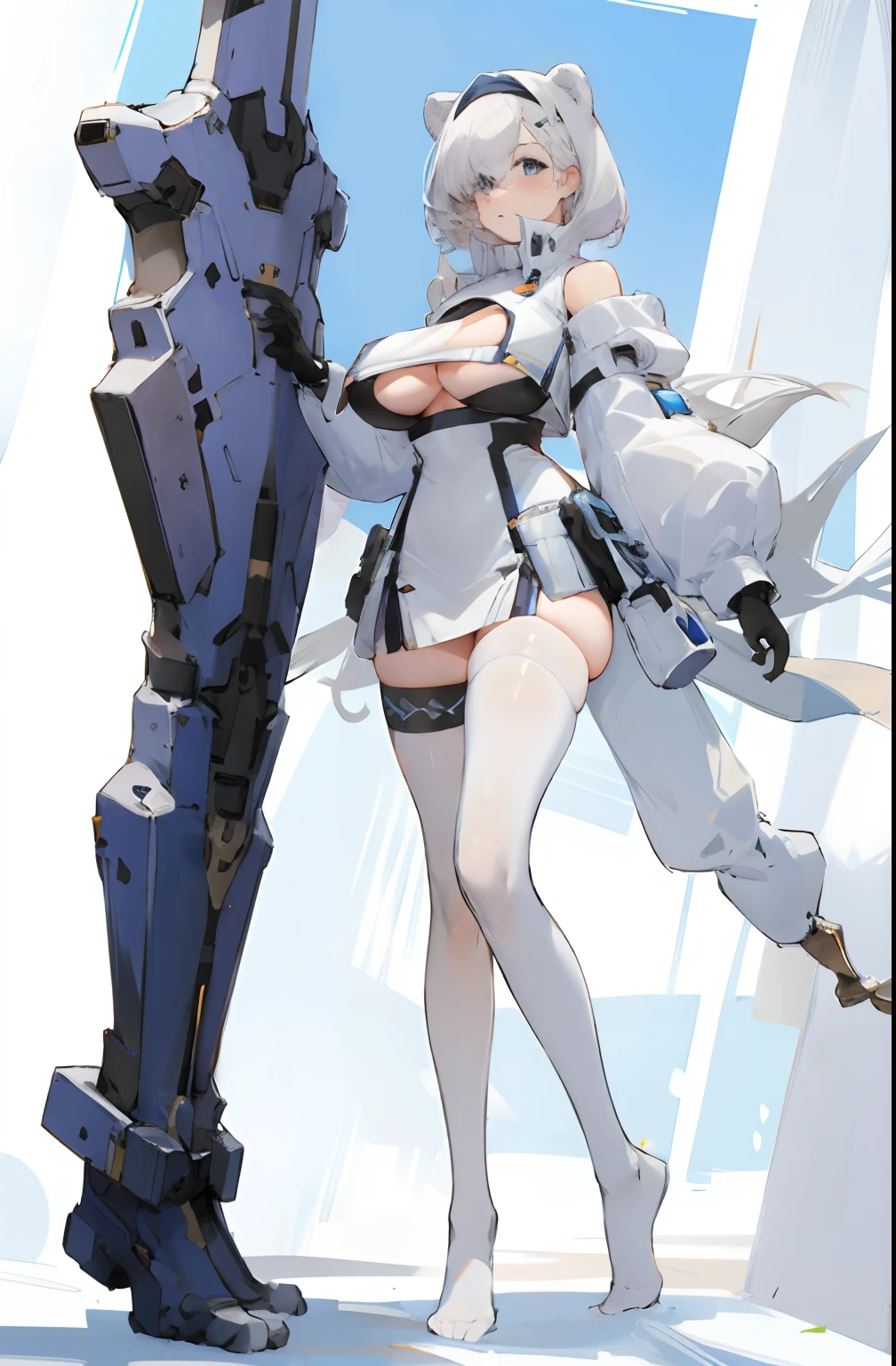 Bigboobs，No shoes，cropped shoulders，White knee-length stockings，White close-fitting dress，Stand up