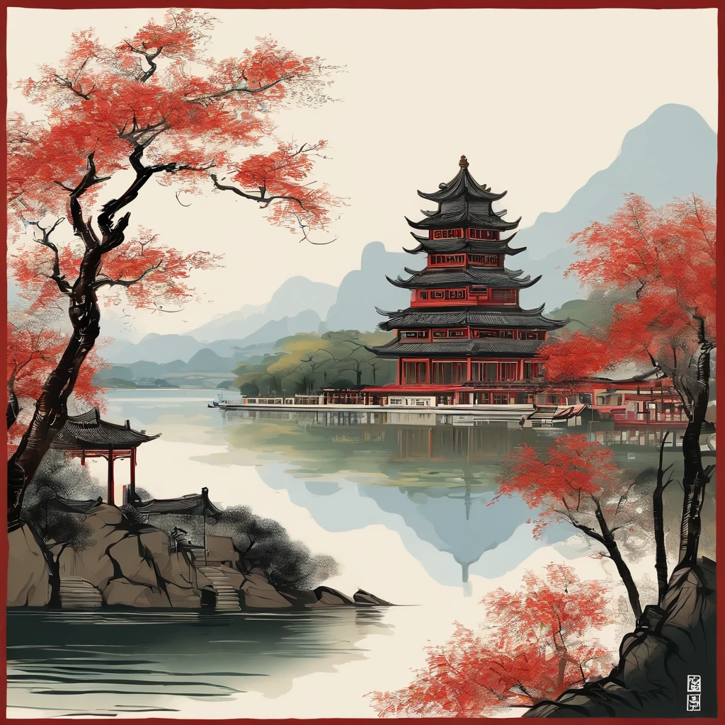 Yueyang Building，Dongting Lake，In the distance, the water and sky are colorful，Tradition Chinese Ink Painting，wide high angle view，Beautiful poster，Qi Baishi