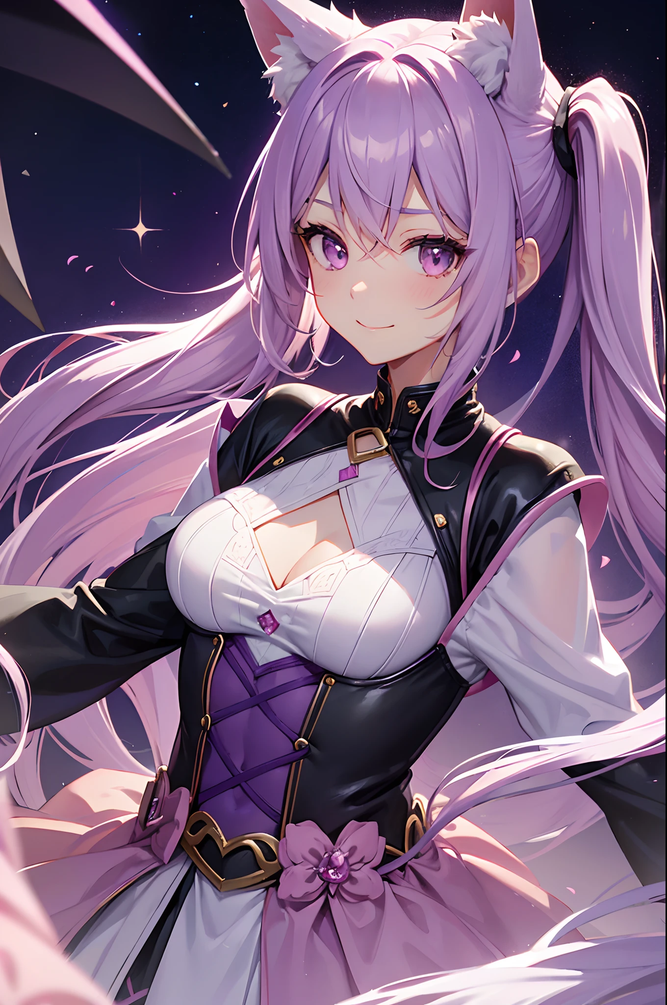 Cover magazine. A fox girl with lavender or light purple hair. There are pink parts in her hair. She's a tsundere. Cool. Wears quite feminine accessories but wears clothes that are easy to move too because this is an action fantasy world. Half body potrait. Hair in pigtails. Fantasy themed. Has a tail and fox ears. Simple background. Upper body. Smile.