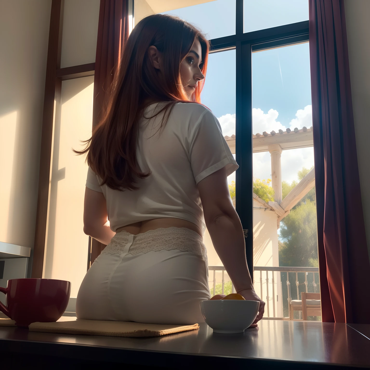 (Foto RAW de alto detalle), Una sensual mujer pelirroja desayunando sonriente en la cocina con un taza en la mano (estilo\), pelo rojo, ((cerrar:0.7)), (Obra maestra, Piel extremadamente detallada, fotorrealista, sombra pesada, Dramatic and cinematic lighting, Luz clave, Luz de relleno), foco nítido, Film grain, Granulada, Kinematic, piel imperfecta, Telas, Texturas, Cara detallada, Piel detallada, warm colours