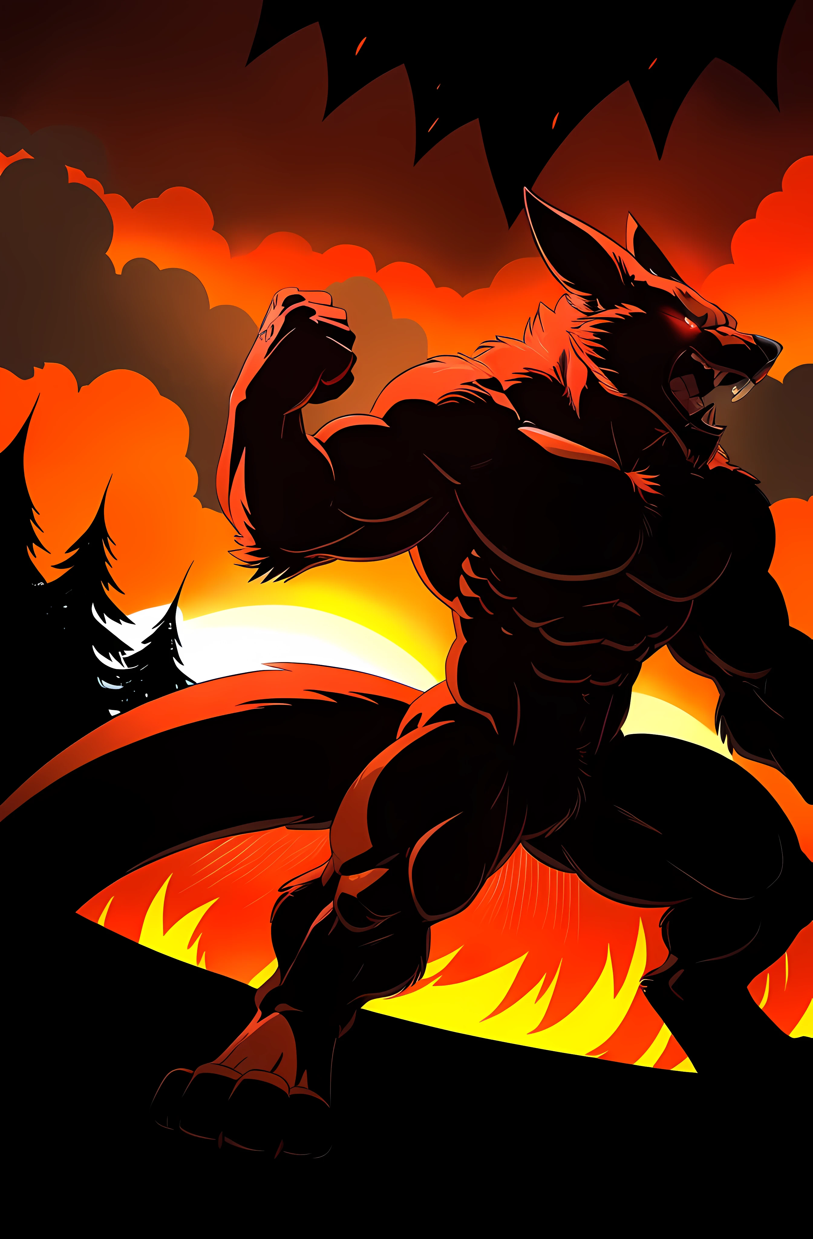 kurama, 4k, high resolution, best quality, posted on e621, solo, anthro body, male, adult, very masculine, (very muscular, heavyweight, defined muscles:1.1), (no background, black background, background red flames, background red fire, forest on fire, stylized background:1.2), (by wfa:1.0), (by negger:1.0), (detailed eyes, red eyes, evil eyes, looking at camera:1.1), (cel shaded:1.2), cartoony shading, serious eyes, open mouth, smile, (standing, legs spread, arms spread, fists clenched, raised head, shouting at the sky:1.1), (dramatic lighting, darkness:1.4), (glow:1.2), detailed fists, (long tails, big tails:1.2), (full body:1.2)