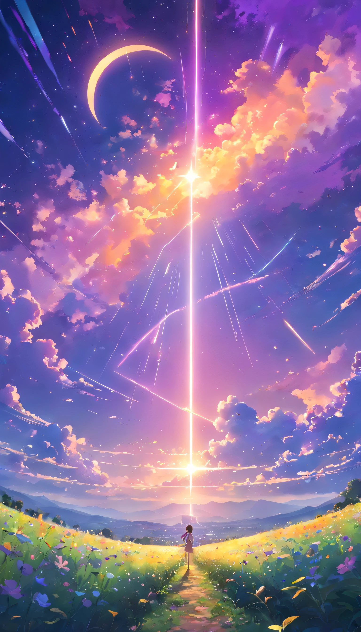 Vast landscape photos,(look from down,Above is the sky,Below are open fields),a girl standing on flower field looking up,(moon full:1.2),(meteors:0.9),(Starcloud:1.3),Far Mountain, Tree BREAK making art,(Warm light source:1.2),(glowworm:1.2),lamp lights,lots of purples and oranges,intricately details,Volumetric lighting BREAK(tmasterpiece:1.2),(best qualtiy),4K,ultra - detailed,(dynamic compositions:1.4),Plenty of detail,plethora of colors,(Irridescent color:1.2),(with light glowing,Atmospheric lighting),dream magical,magical,(独奏:1.2