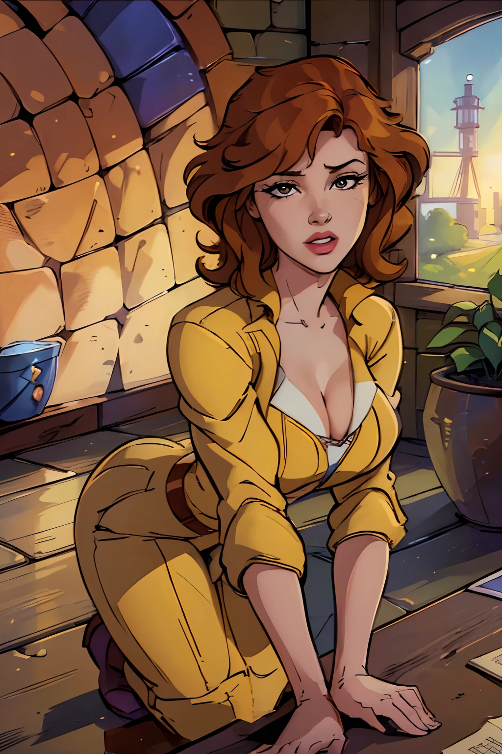 Beautiful young woman, April O'Neal, (beautiful detailed eyes), (beautiful detailed lips), (extremely detailed eyes and face), (long eyelashes), long brown hair, (red lipstick), (brown eyes), yellow jumpsuit (rolled-up sleeves), white boots, (Channel 6 News), (Classic TMNT 1980s cartoon), (best quality, 4k, 8k, highres, masterpiece:1.2), ultra-detailed, (realistic, photorealistic, photo-realistic:1.37), (HDR), (UHD), (studio lighting), (extreme detail description), (professional), (vivid colors), (bokeh), (portraits), (concept artists), (bright, warm colors), (soft, diffused lighting).