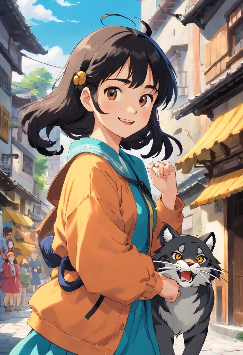 A cute  girl, braid hairstyle, and black hair, With a face of joy, Tiger Tooth，Wearing clothes from the 80s, She was on a street.