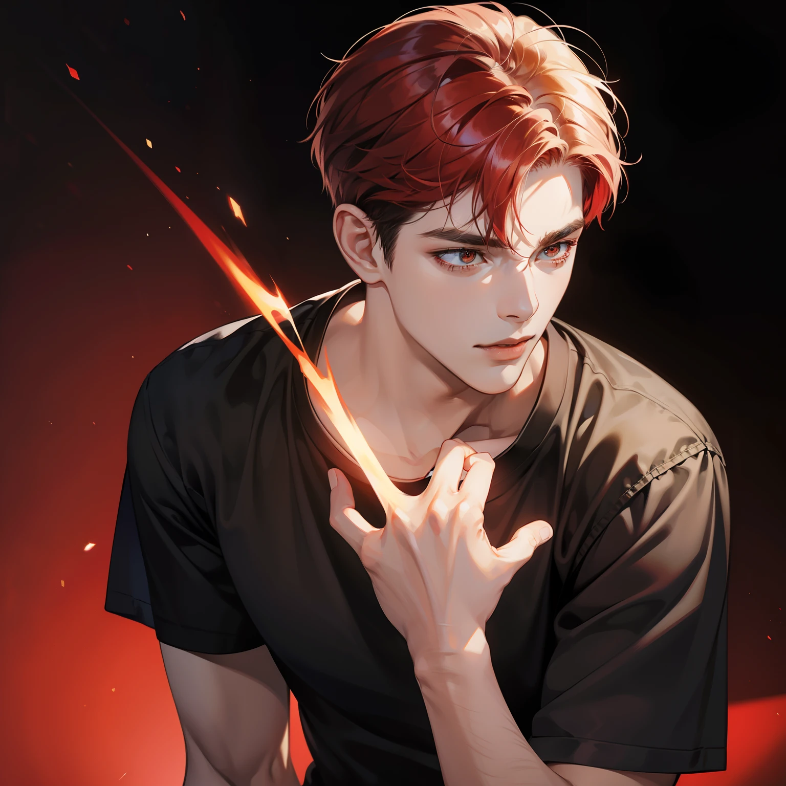Masterpiece, high quality, best quality, HD, realistic, perfect lighting, detailed body, 1 man, red short hair, face expression, black t-shirt, darkness background