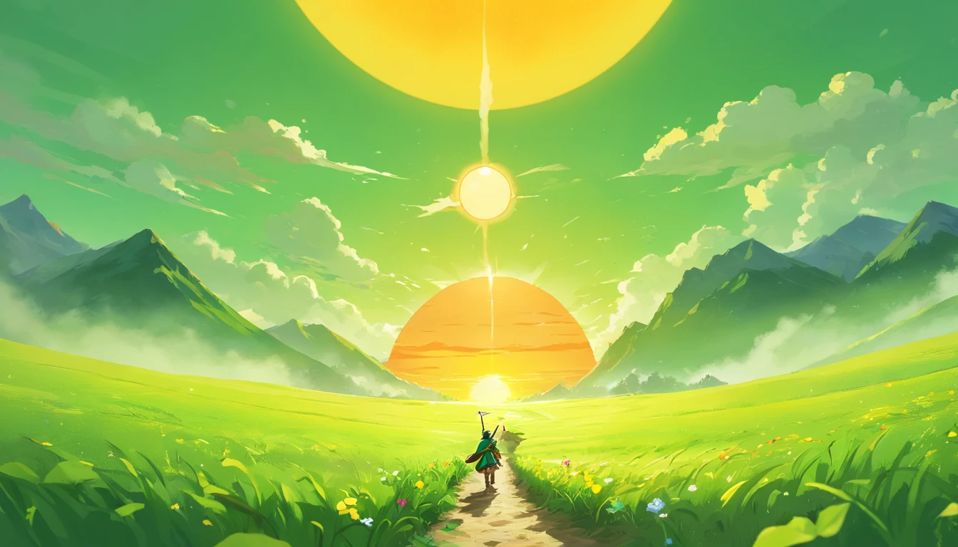 a green path in the middle of a darker field, ((((giant sun)))),an ultrafine detailed painting by Daren Bader, shutterstock contest winner, neo-romanticism, soft mist, made of mist, deviantart,Fujifilm XT3,by Steve McCurry, by Alessio Albi, by Lee Jeffries, by Herb Ritts, by Jeremy Man,long shot,wide view, commercial photography